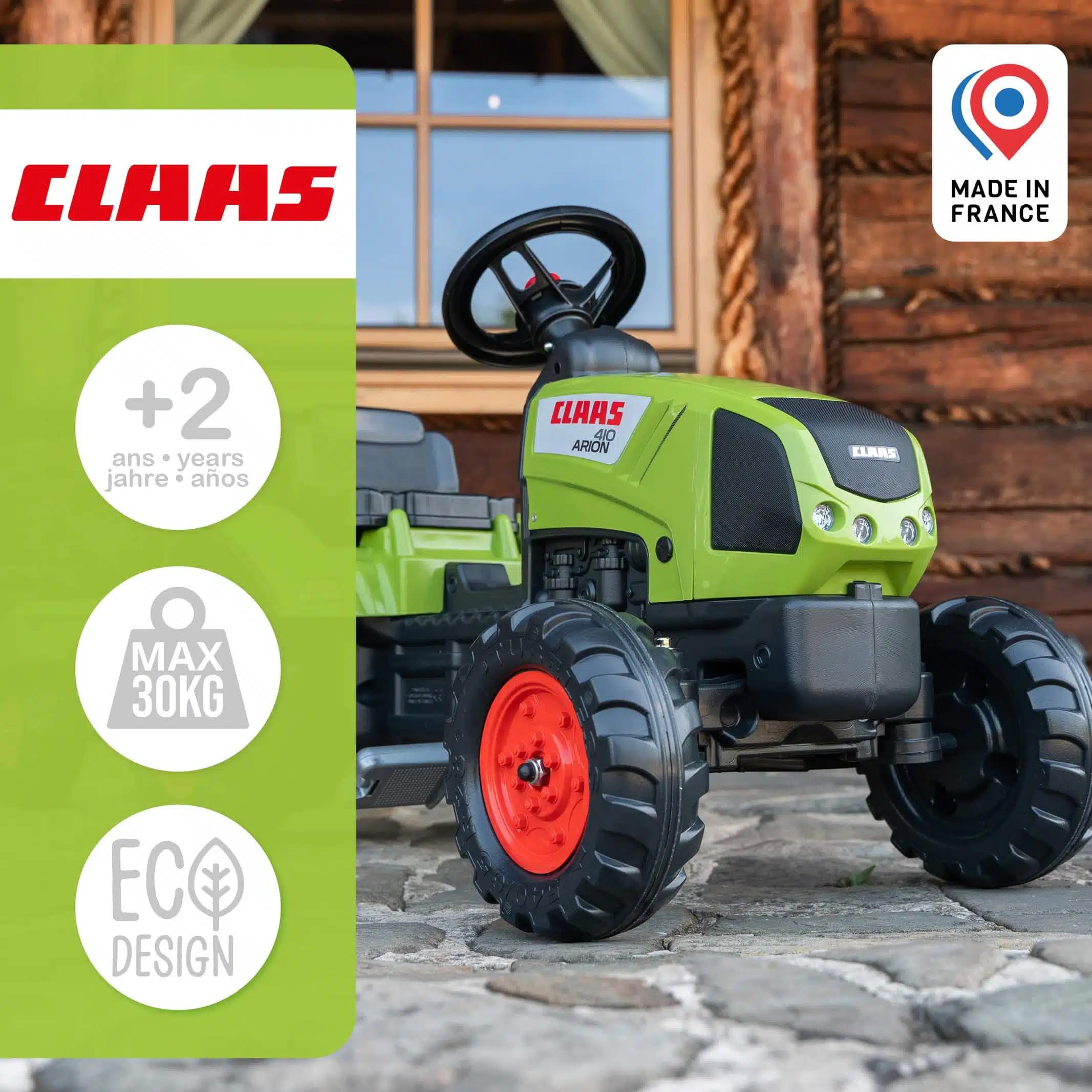 Falk - Tractor de Pedales Claas con Remolque - A Partir de 2 años - Fabricado en Francia - Volante direccional con bocina - 2040A
