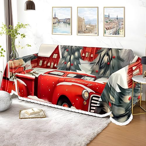 Miniatura 3 de Funda de sofá de camión roja de Navidad, fundas de sofá impresas, fundas de sofá resistentes a las manchas, protector universal de muebles