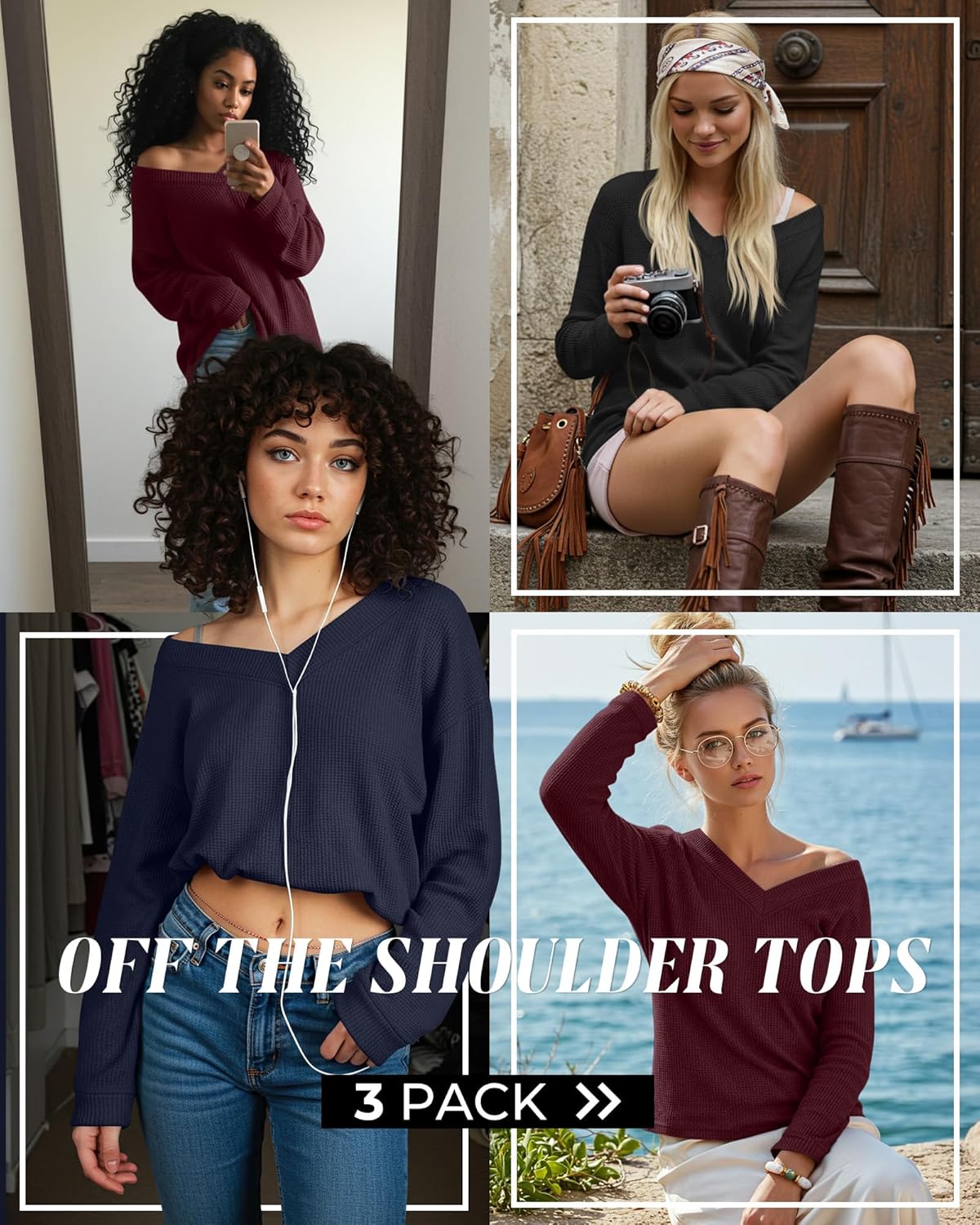 3 Pack Women's Oversized Off The Shoulder Tops Waffle Knit V Neck Casual Shirts Loose Fit Long Sleeve Tees - Image 3