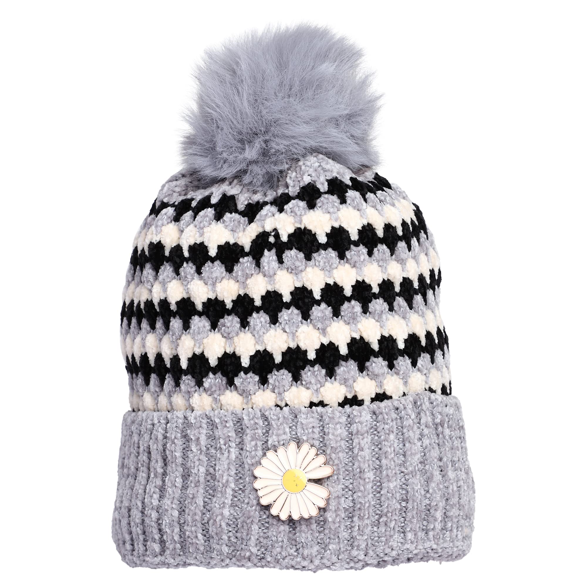 Starvis Womens Winter 3 Color Small Diamond Knitted Skull Cap Beanie Hat with Faux Fur Warm Slouchy Pom Pom Beanie Hats Cap Inside Fur Snow Proof Soft for Riding, Cycling, Snowfall (Grey) (B0BQ9YHQVM) Amazon Price History, Amazon Price Tracker