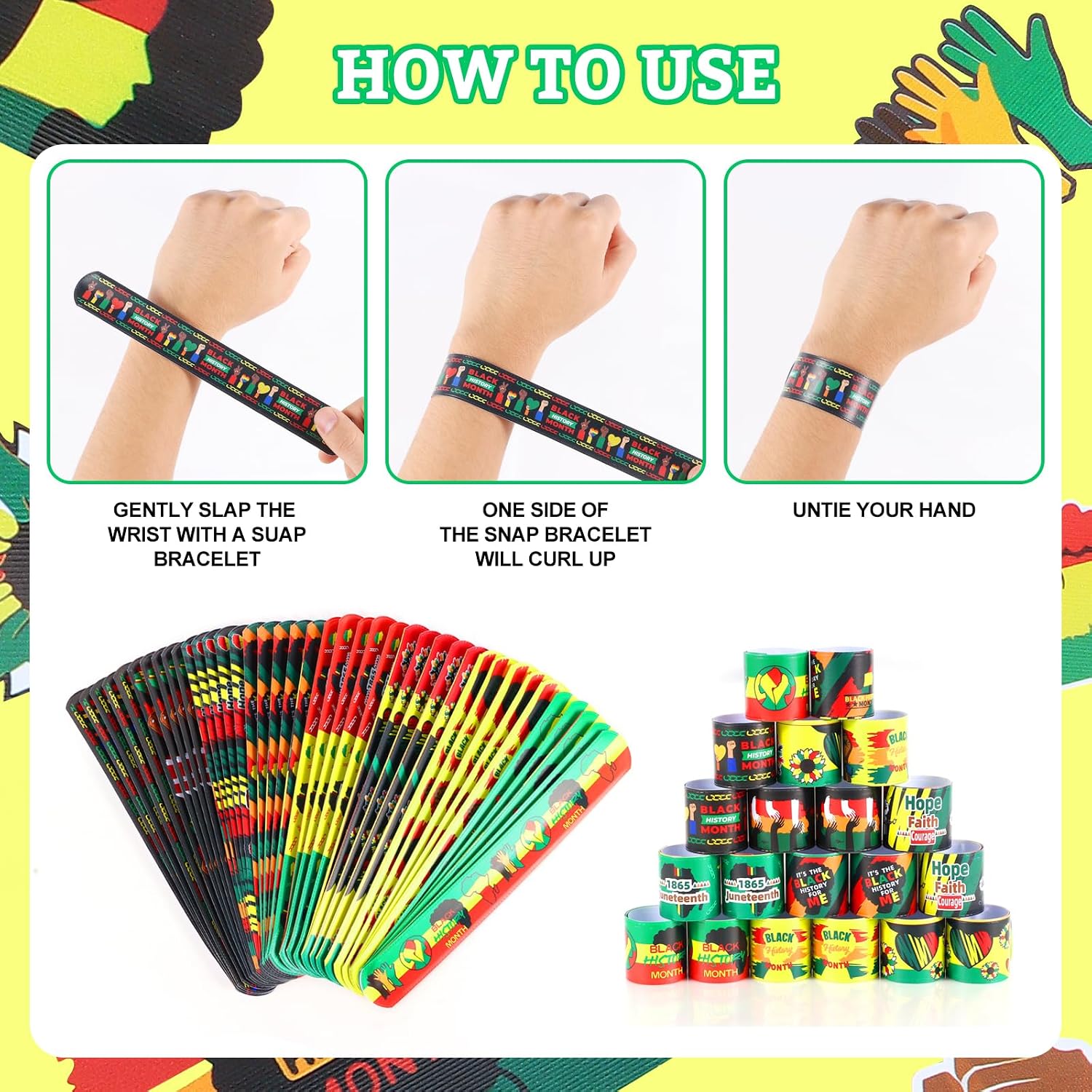 SAIWEILAI ONLINE 200 Pieces Black History Month Slap Bracelets Black History Month Party Supplies ,8 Styles