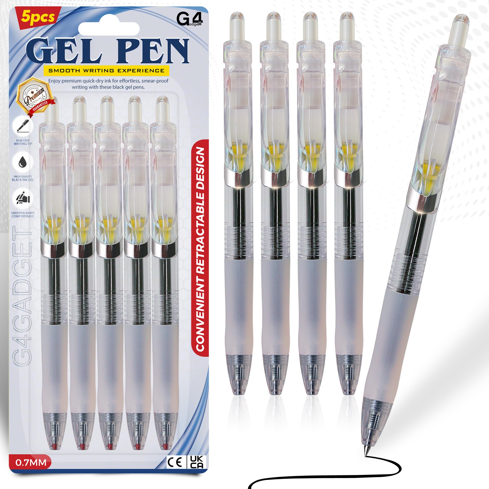 G4GADGET Gel Pens 0.7mm Black Ink – Pack of 5 – Smooth Writing Retractable Quick-Dry No Smear No Bleed Pens for Office, School, Journaling & Everyday Use