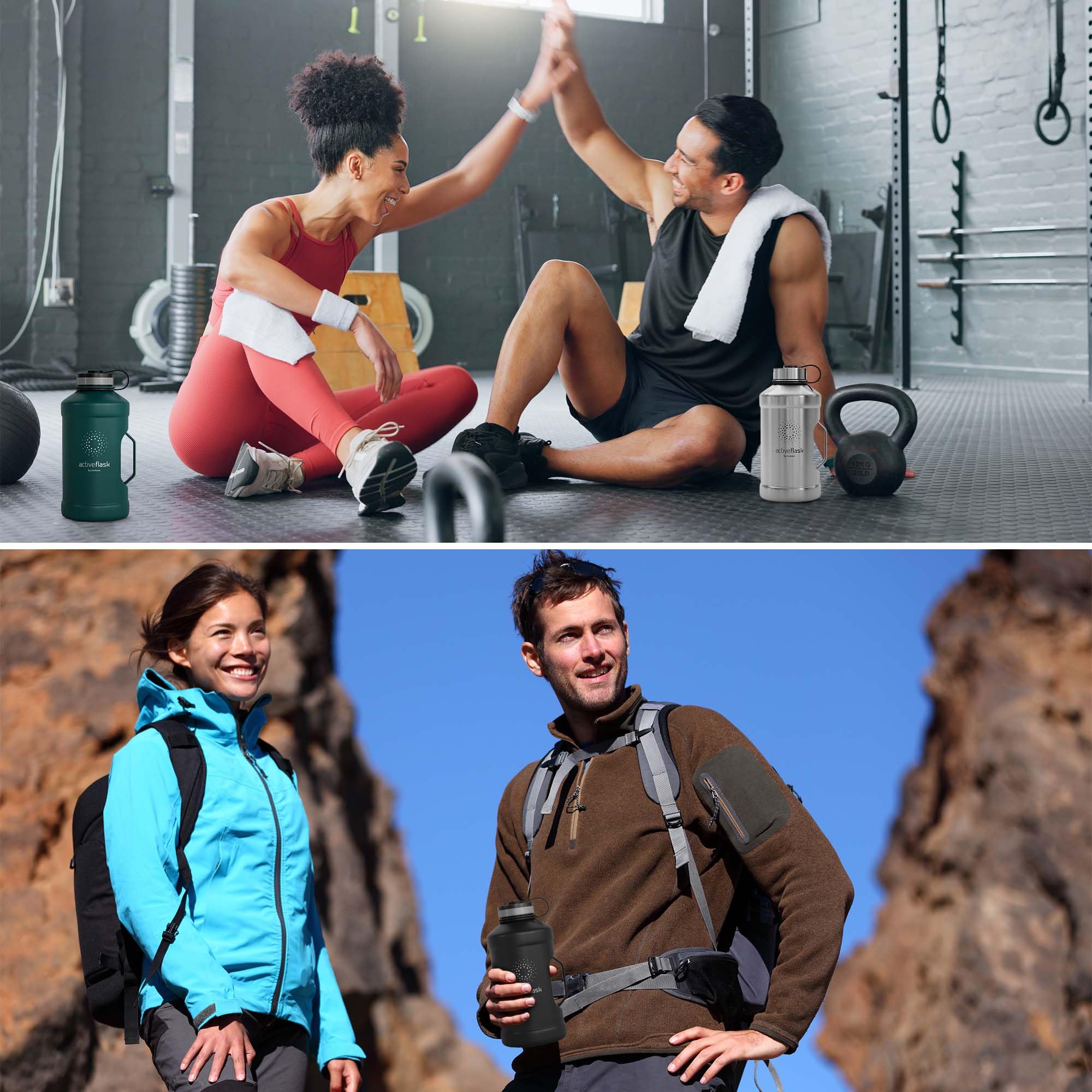 Borraccia in acciaio inox Active Flask + cannuccia (3 tappi) | 1,3/2,2 litri bottiglia sportiva senza BPA a prova di perdite per bibite gassate, 2l XL bottiglie Sport Outdoor Palestra Acqua