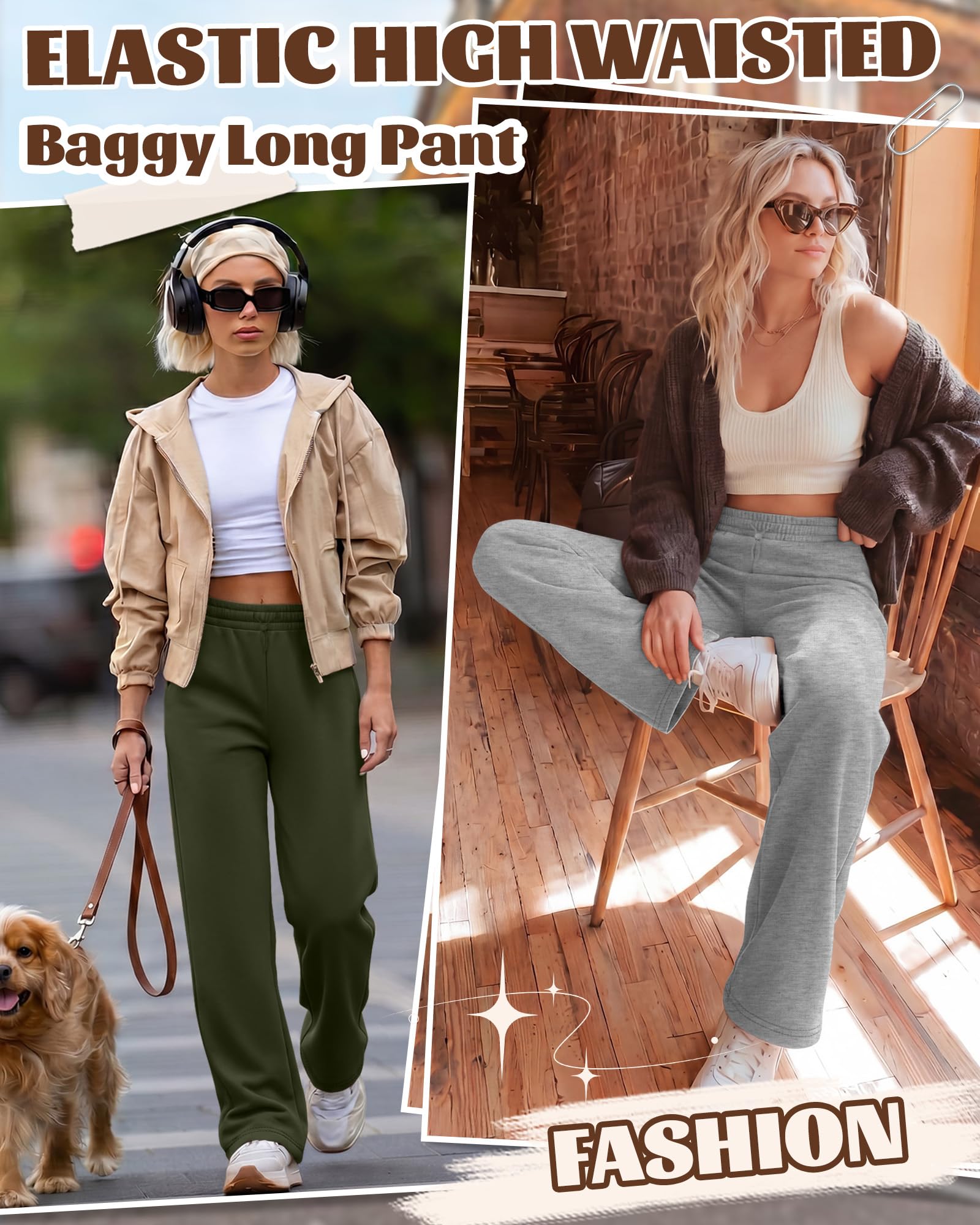 Neer Lot de 3 pantalons de survêtement à jambes larges pour femme, taille haute, élastique, baggy long, décontracté, yoga, jogging avec poches