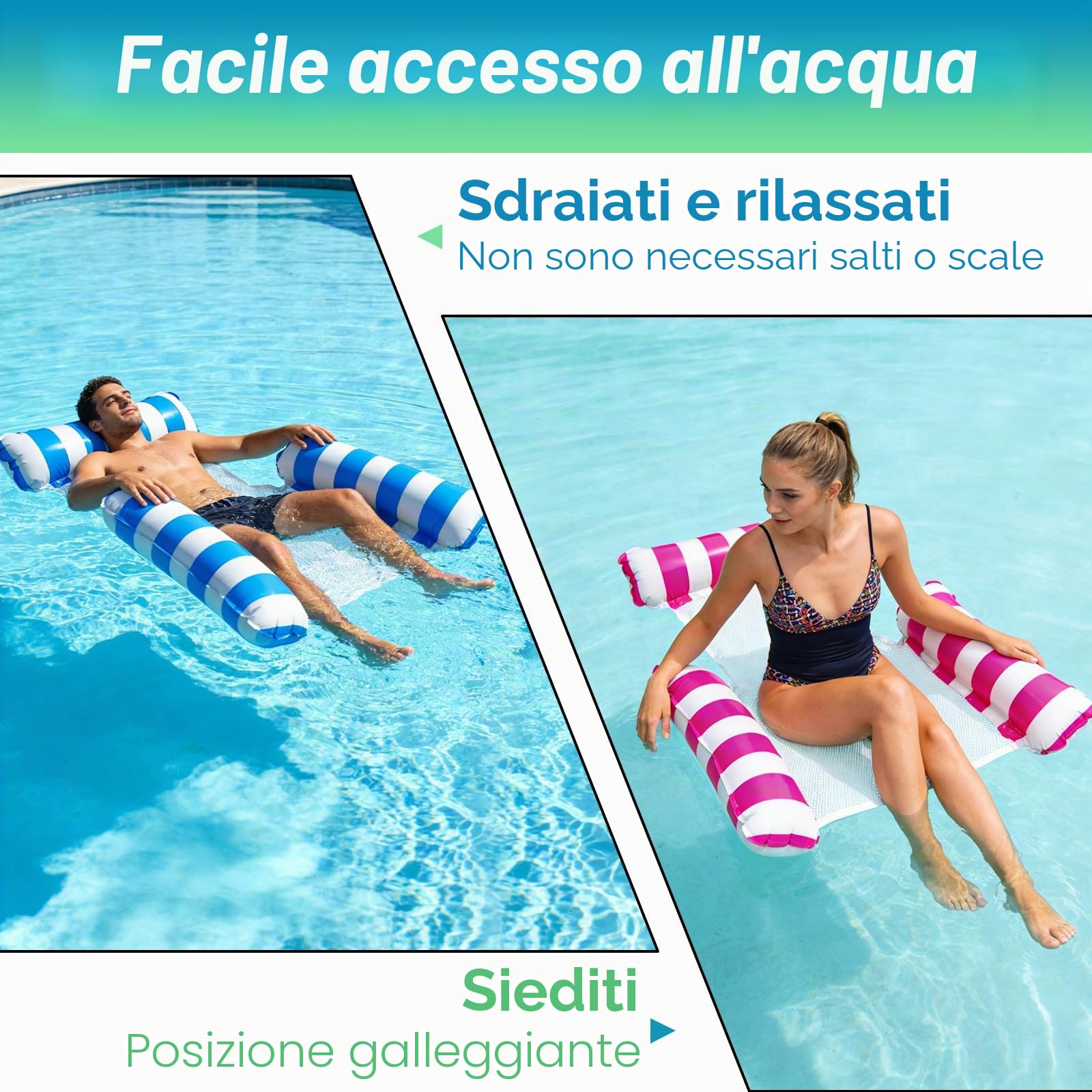 2 Pezzi Materassino Mare, 4-in-1 Materassino Piscina con pompa d'aria, Materassino Gonfiabile Mare Piscina con Schienale e Braccioli | seggiolino da piscina, sedia da sole, sedia relax con schienale e braccioli