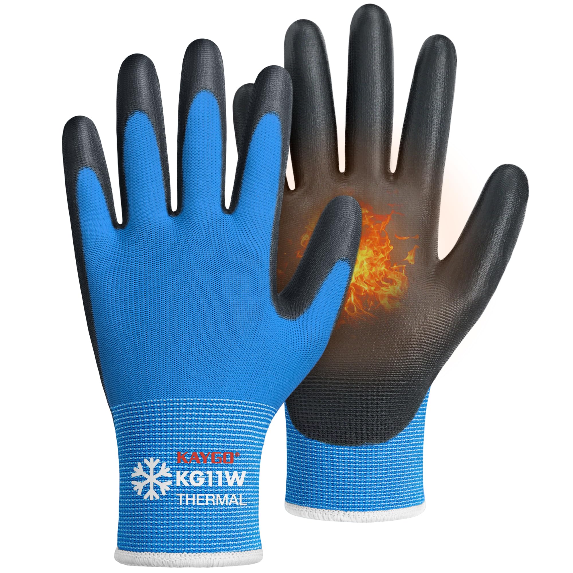 KAYGO gants de travail pu enduit d'hiver - 12 paires, doublure en laine chaude, bonne adhérence, KG11W, pour hommes femmes, pour le travail par temps froid entrepôt congélateur (Bleu, XL, taille 10)