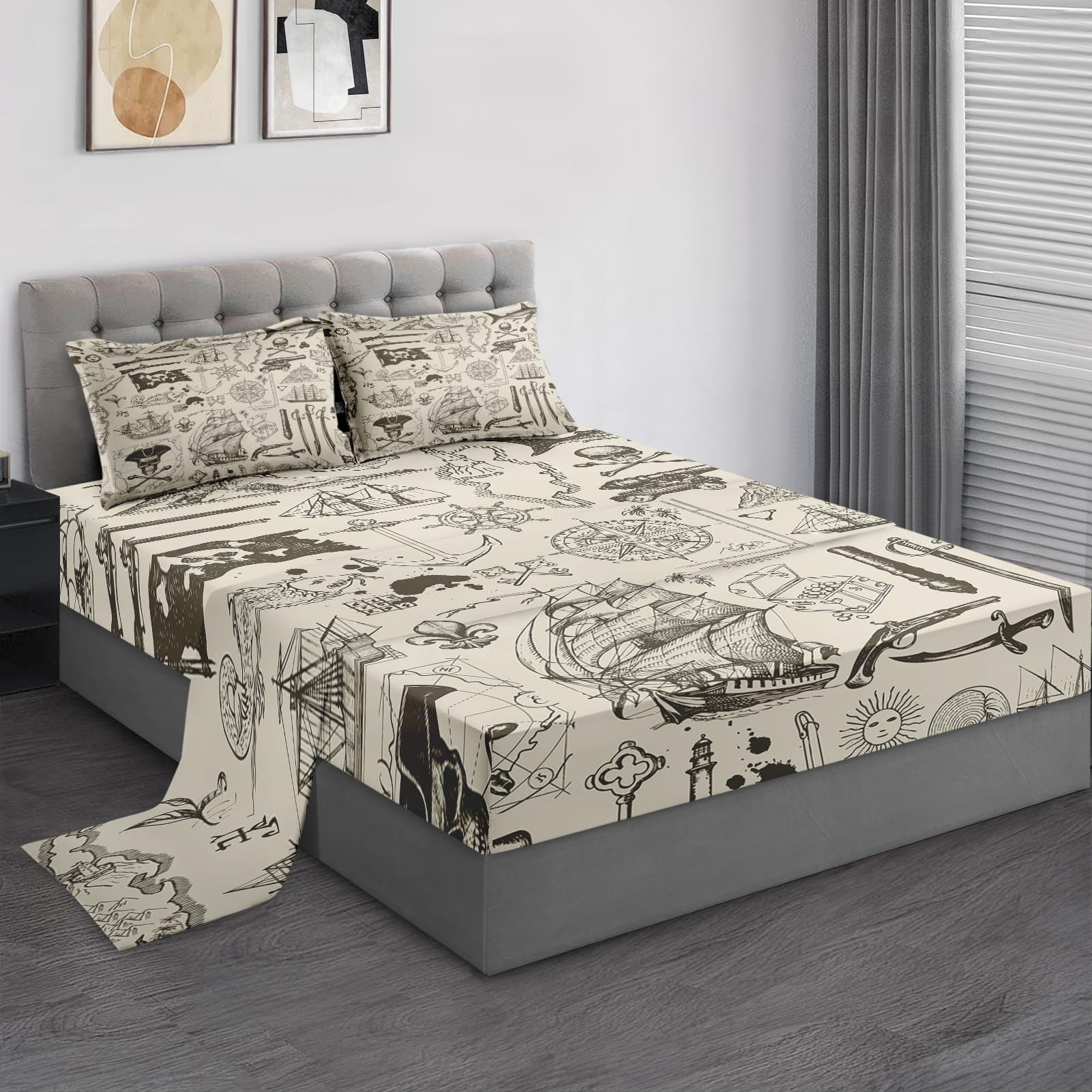 Pamnest Queen Size Bed Sheet Sets, Pirate Vintage Soft Microfiber 4 Pcs Bedding Sets for Kids and Adults Bedroom Bed Decor, Nautical Sea Flat, Fitted