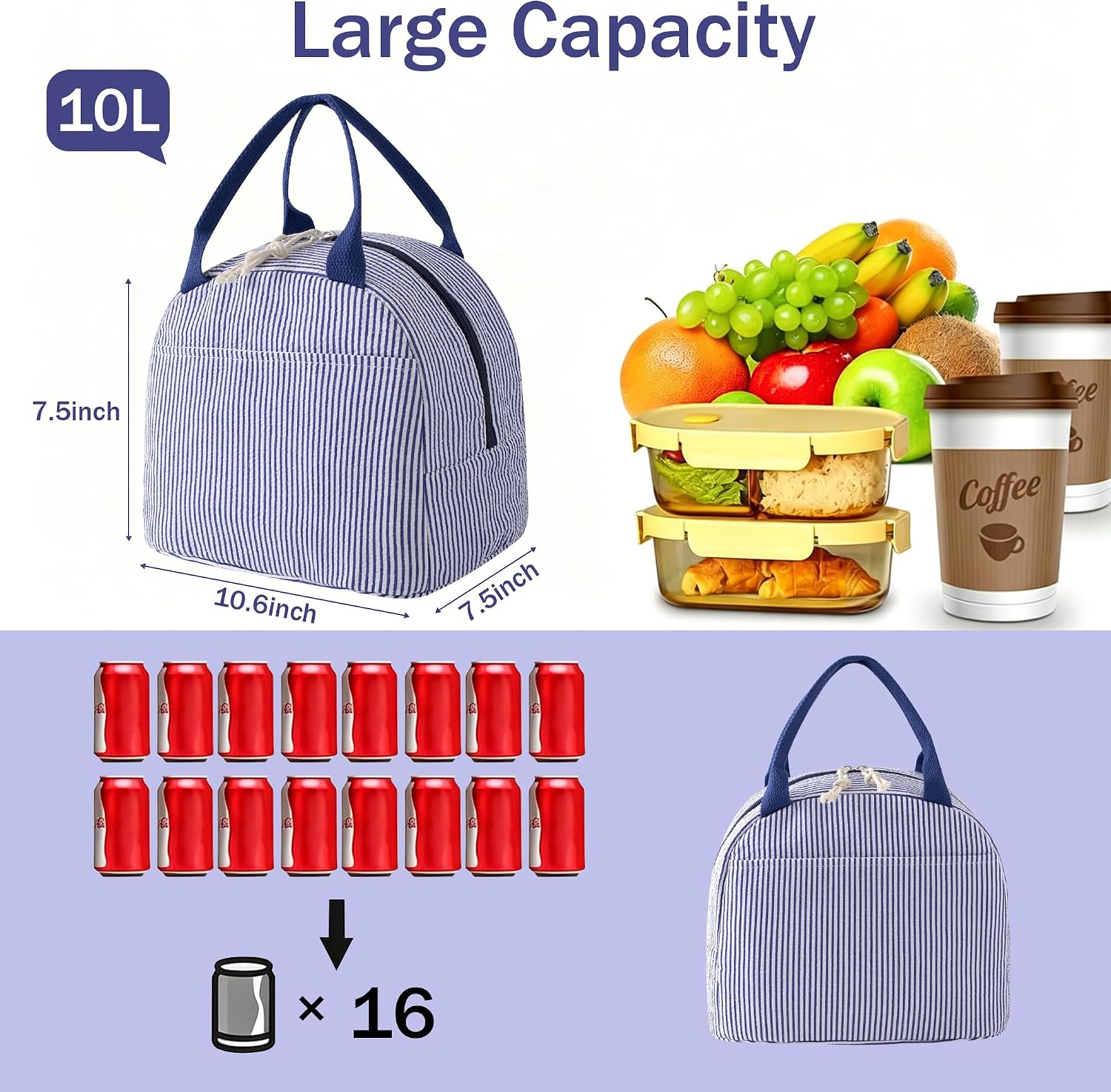Insulated Lunch Bag for Women Reusable Large Capacity Lunch Box with Front Pocket Waterproof Leakproof Cooler Tote for Work Office Picnic Travel Cute Lunch Bag Gifts for Women Men (A-Navy Blue)