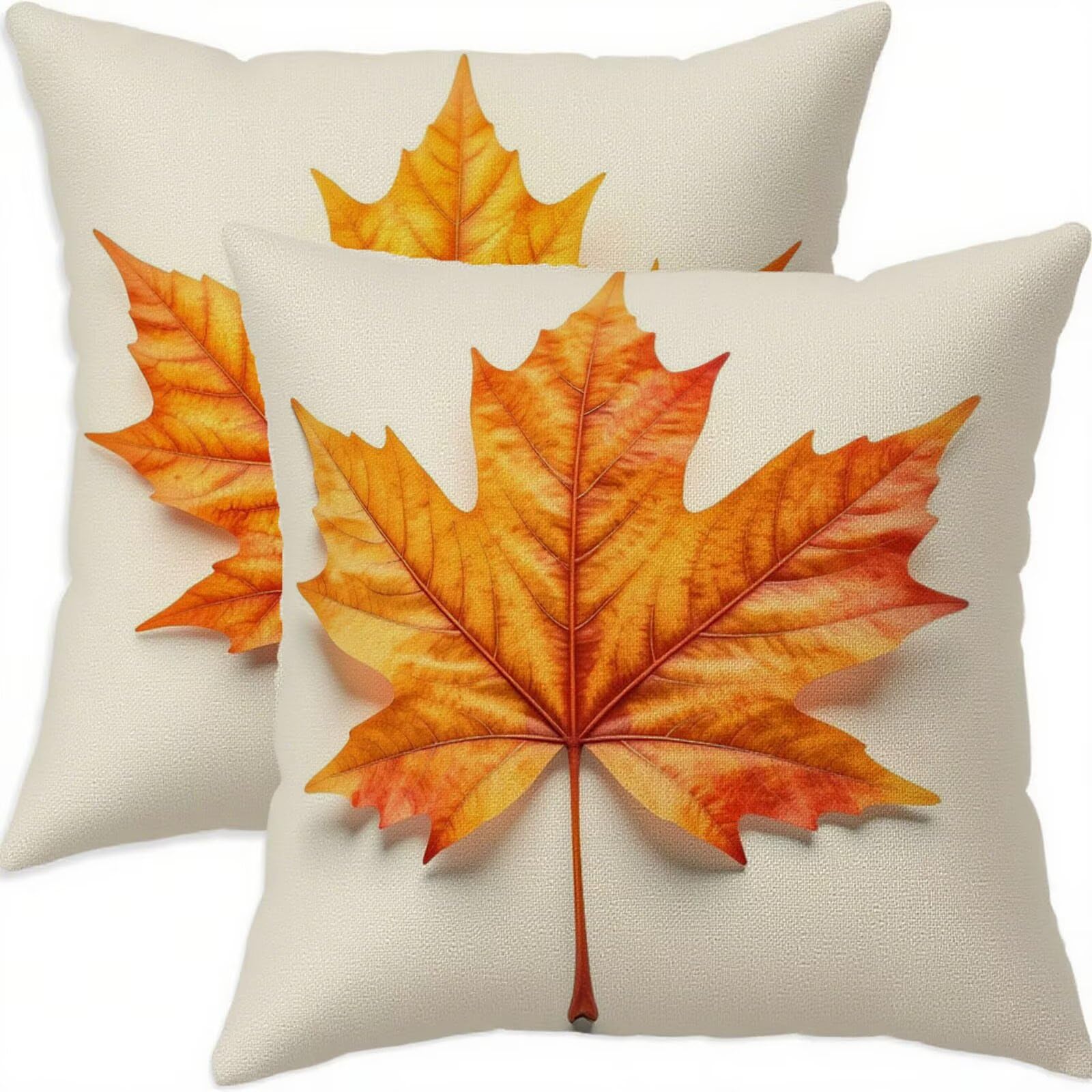 Housse coussin 75x75cm lot de 2 en lin imperméable avec motif de feuille d'automne A911