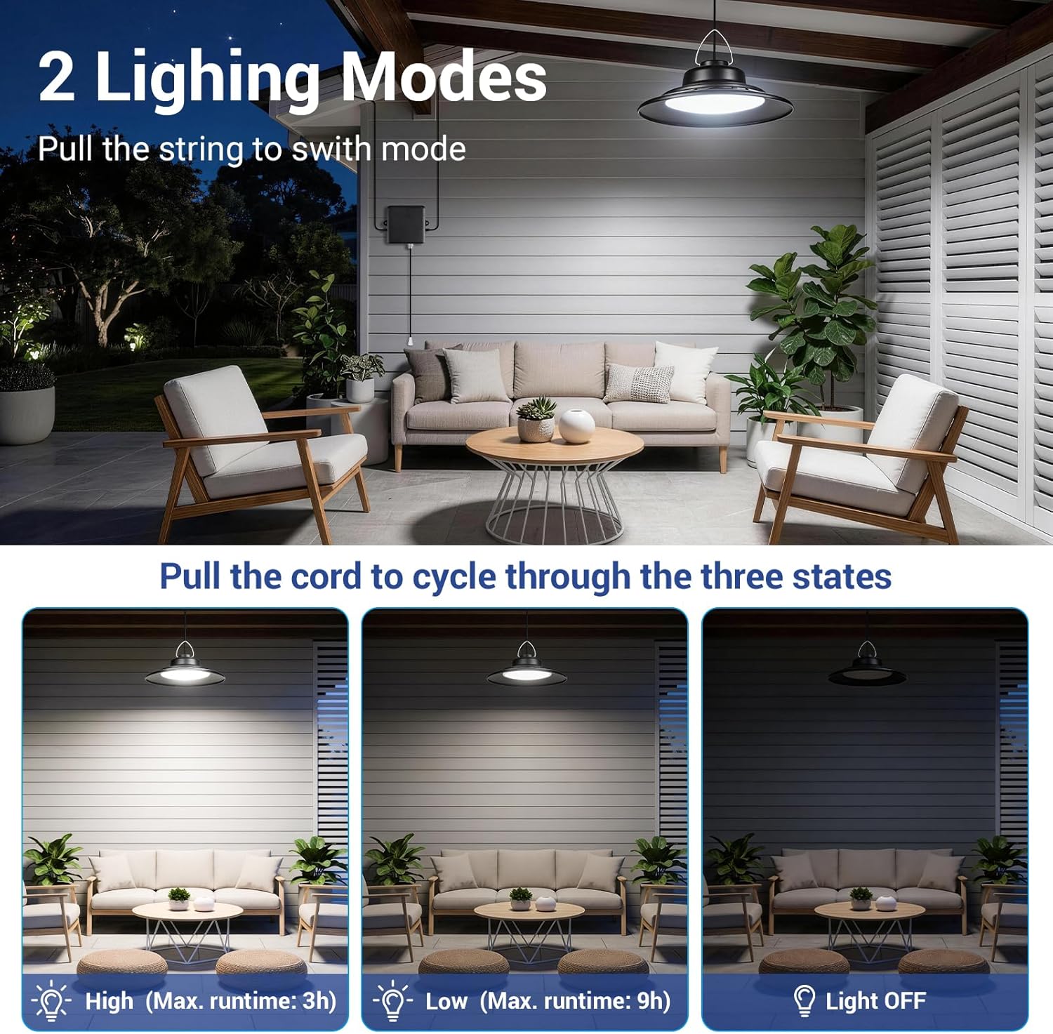 ropelux Solar Powered Shed Light Indoor Outdoor, 2000LM Daytime Available Pendant Light with Pull String, 2 Lighting Modes Solar Lights, IP65 Waterproof for Barn, Gazebo, Shop, Garage, Home (1Pack)