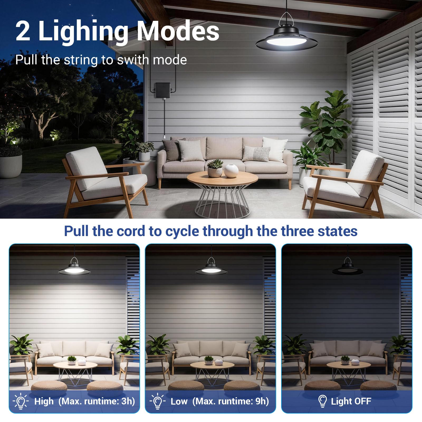 ropelux Lampada solare per capanno da giardino, per interni ed esterni, 2000 lm, luce a sospensione con corda da tirare, 2 modalità di illuminazione, luci solari, impermeabile IP65
