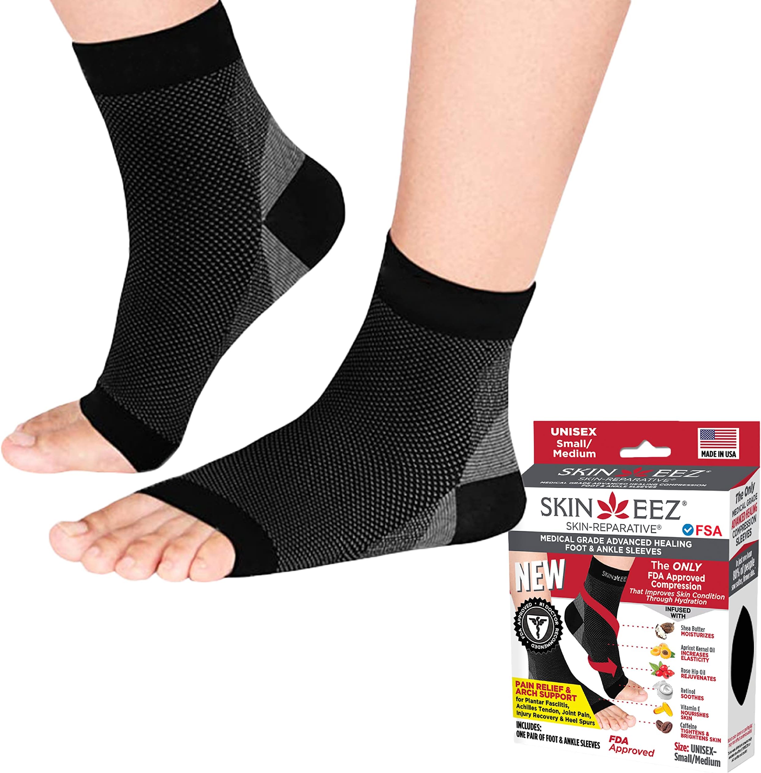 Skineez Compression Ankle Sleeve 20-30mmHg Medical Compression Ankle Sleeve - Reduces Swelling and Chronic Heel Pain, Stabilizes Arch Support, Ultra Soft and Breathable