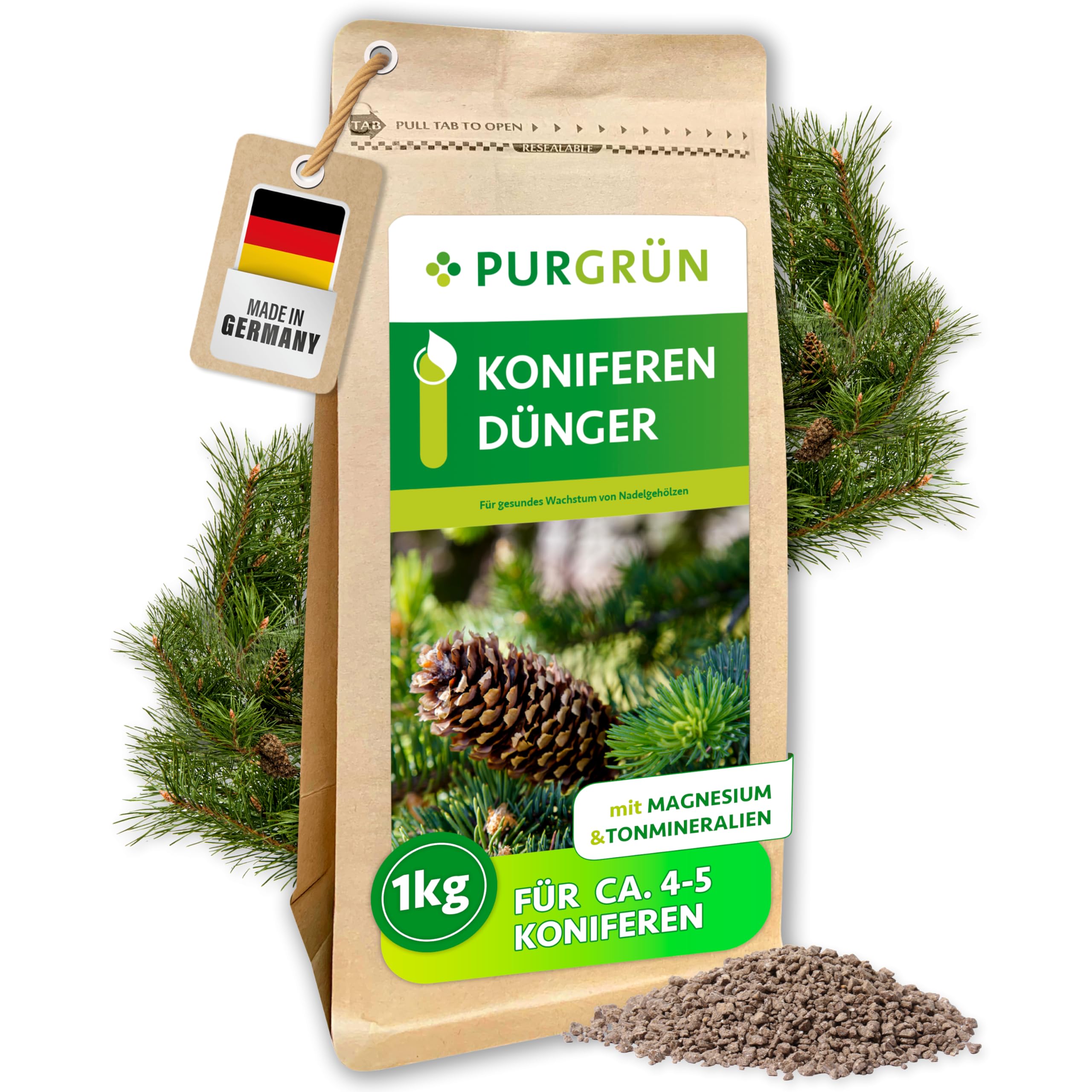 Koniferendünger 1 kg – Extra Magnesium für leuchtend grüne Nadeln – Verbessert die Bodenqualität – Organisch-mineralische Rezeptur – Feines Krümelgranulat – NPK 8+4+5 – Für 4-5 Pflanzen