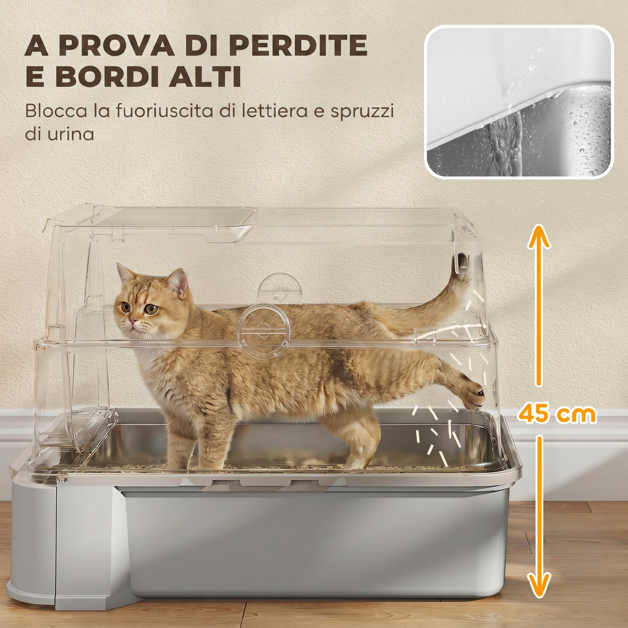 PawHut Lettiera Gatto Chiusa XL in Acciaio Inox con Coperchio 68L Grigio | 3 in 1 Toilette per Gatti, Vassoio Estraibile, Paletta, Pareti Alte, Antiperdita, Antiodore, Facile da Pulire