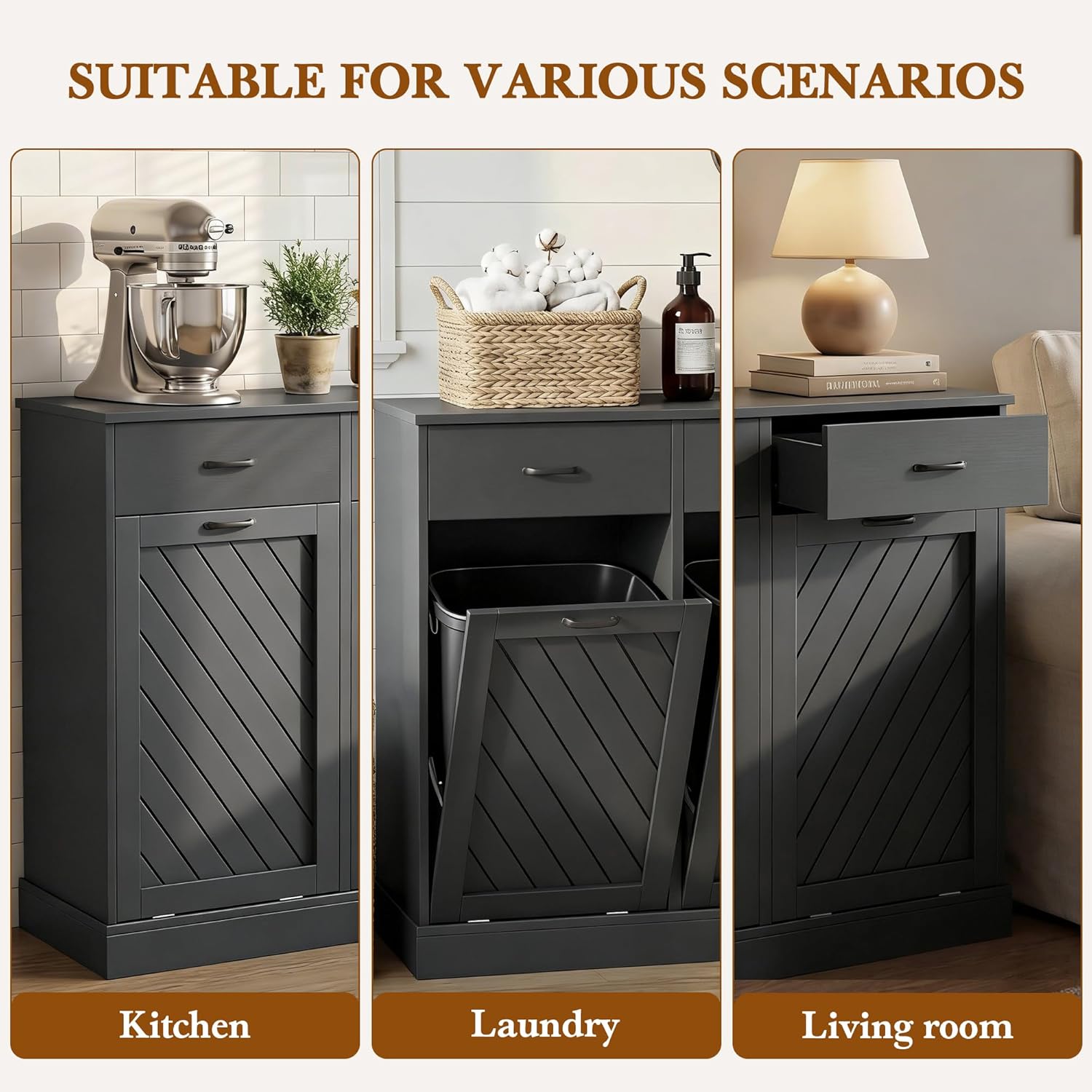 njnj 2x13 Gallons Double Tilt Out Trash Can Cabinet, Black Hidden Kitchen Trash Cabinet with Storage Drawers, Pet Proof Hidden Garbage Can for Kitchen, Laundry Room, Bathroom Wood