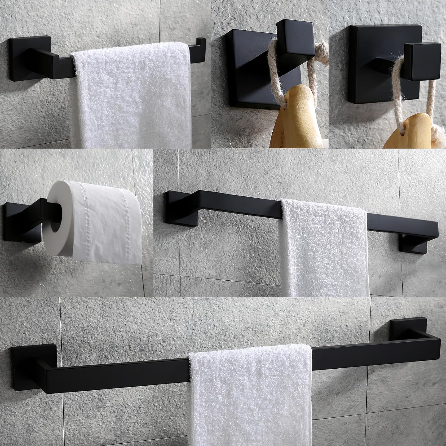 VELIMAX Premium Stainless Steel 6 Pieces Bathroom Hardware Set Wall Mounted Bathroom Accessories Kit Modern Towel Bar Set - 20 Inches and 23.6 Inches, Matte Black