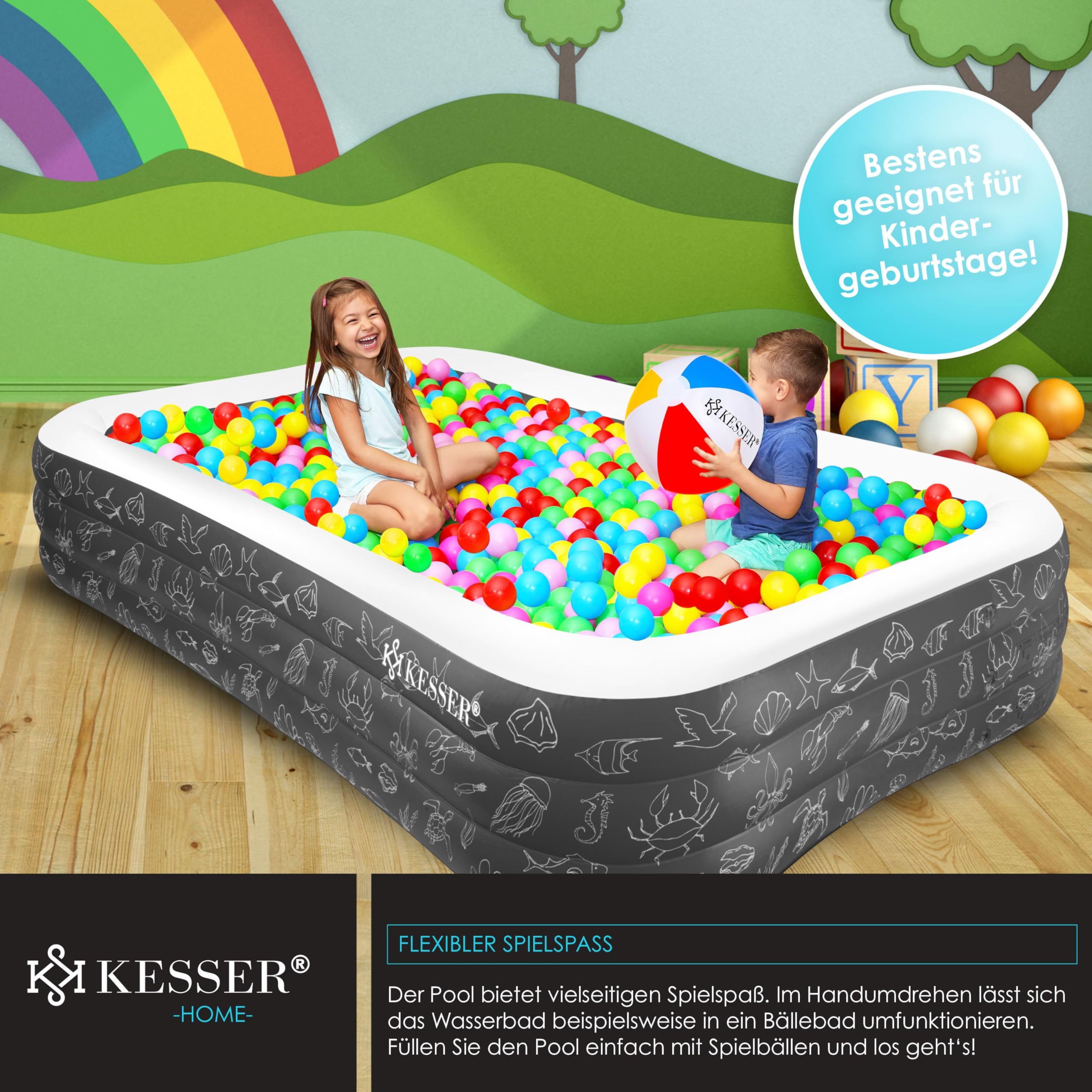 Piscine Gonflable Familiale KESSER 240x142x56 Cm – 613 L, 3 Chambres, Pour Enfants Et Adultes, Jardin Été Fun