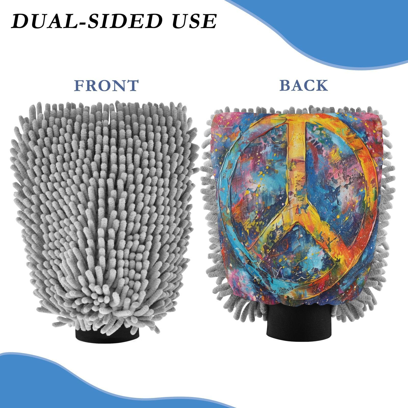 ALAZA Rainbow Peace Sign Car Wash Mitt Scratch Free, 2 Pack Absorbent Microfiber/Chenille Washing & Drying Mitts, L