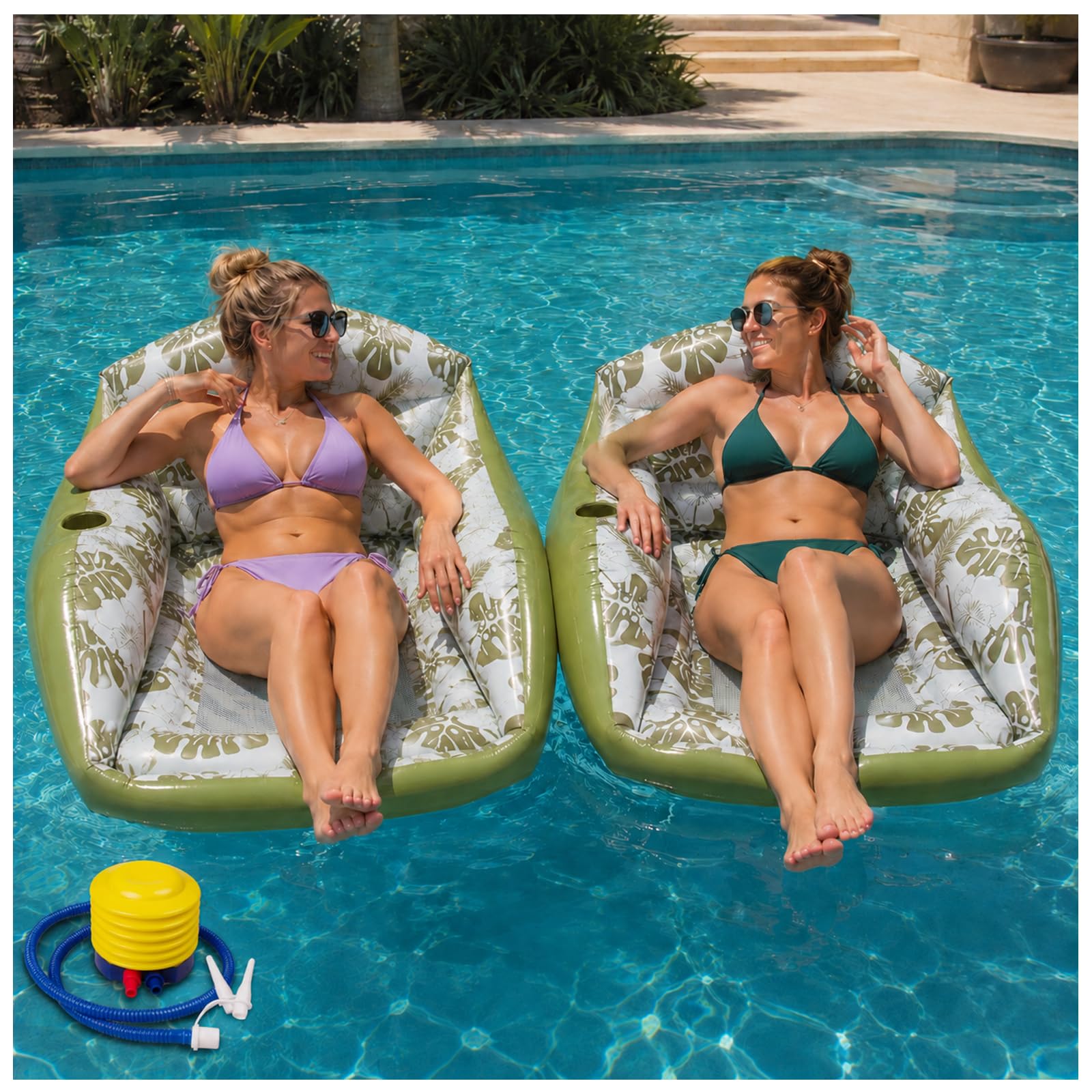 3-in-1 Inflatable Pool Lounge Chair for Adults with Cup Holder，2 pcs Green
