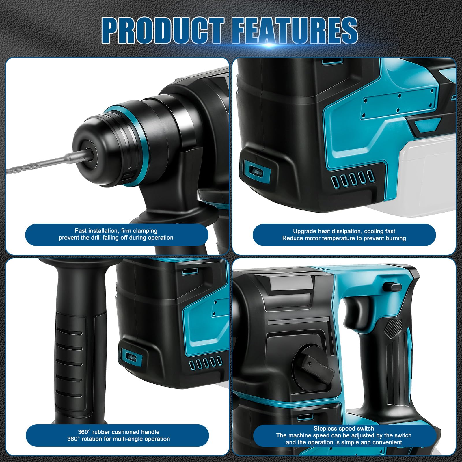 Marteau Perforateur Rotatif Sans Fil 2 Modes - Outil Électrique Avec Embrayage Sûr Pour Béton, Brique Et Bois