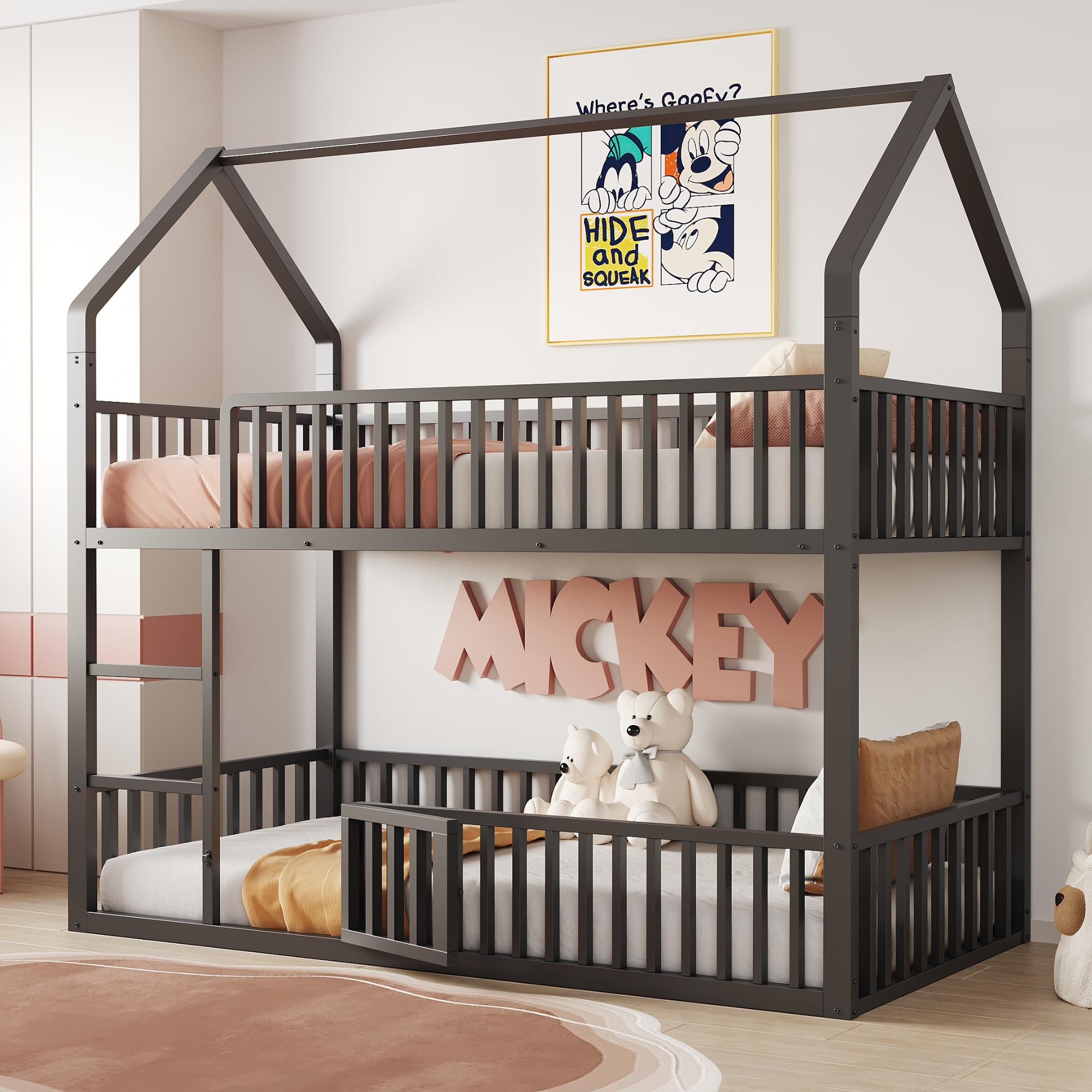 Letto a castello per bambini a forma di casa 90x200 per 2 bambini, lettino in metallo con scala e griglia di sicurezza, letto inferiore con porta piccola per aprire e chiudere (nero, 90x200)