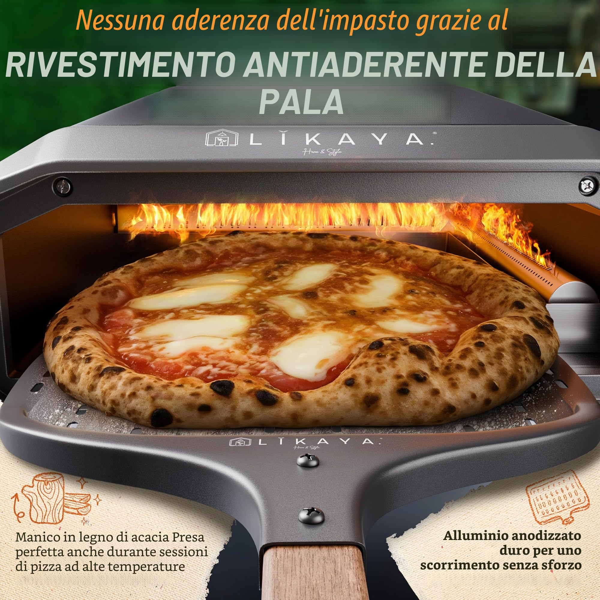 LIKAYA NeroSpin - Forno per pizza a gas, 6,2 kW, per esterni, 450 °C, con pietra per pizza, piatto girevole, pala per pizza, borsa e termometro laser, per pizza croccante in soli 90 secondi
