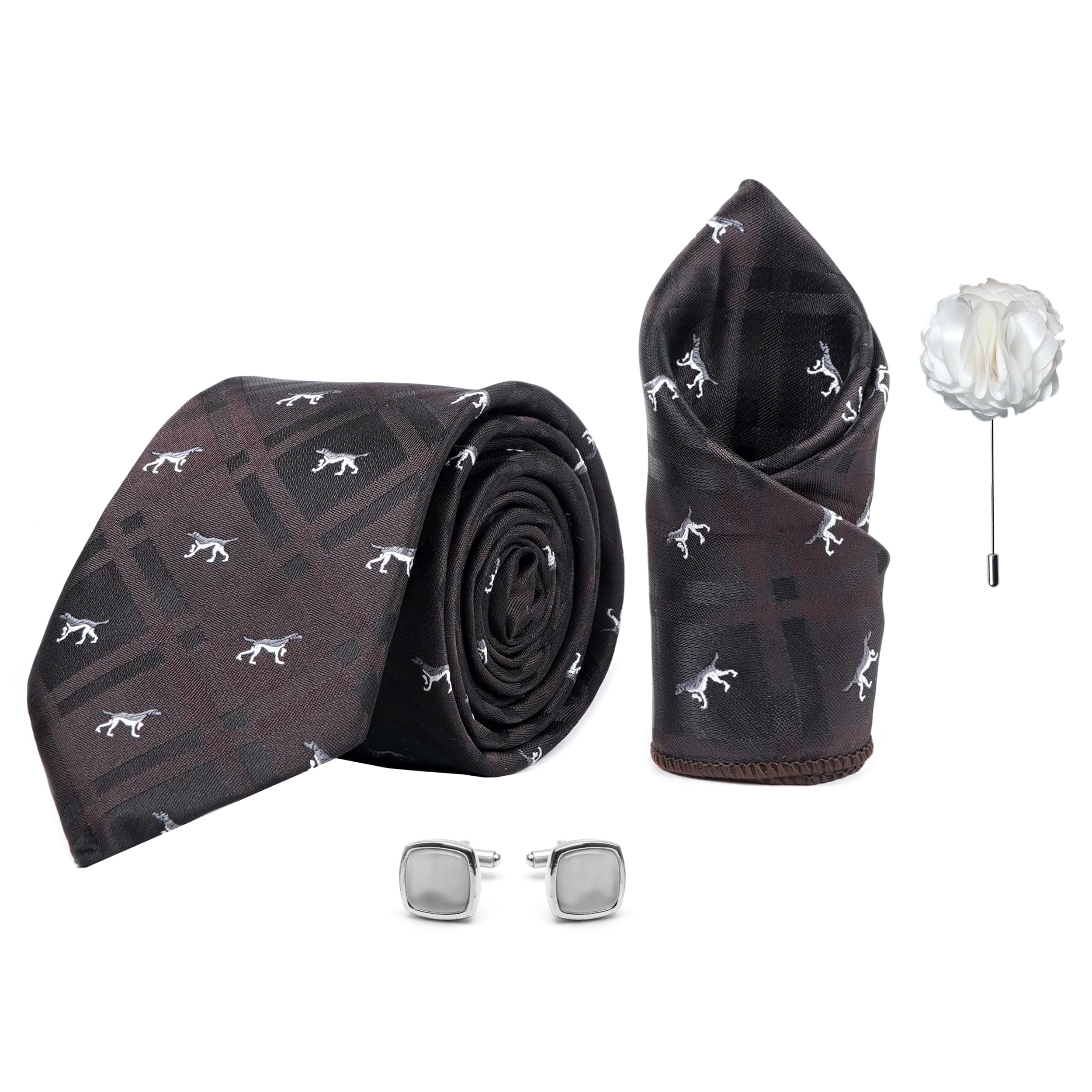 axlon Men's Check Micro Wooven Silk Necktie Gift Set With Pocket Square Cufflinks & Brooch Pin Tie for Men Formal Tie Set with Box (Pack of 4) (AX11_6, Brown)-picture-39