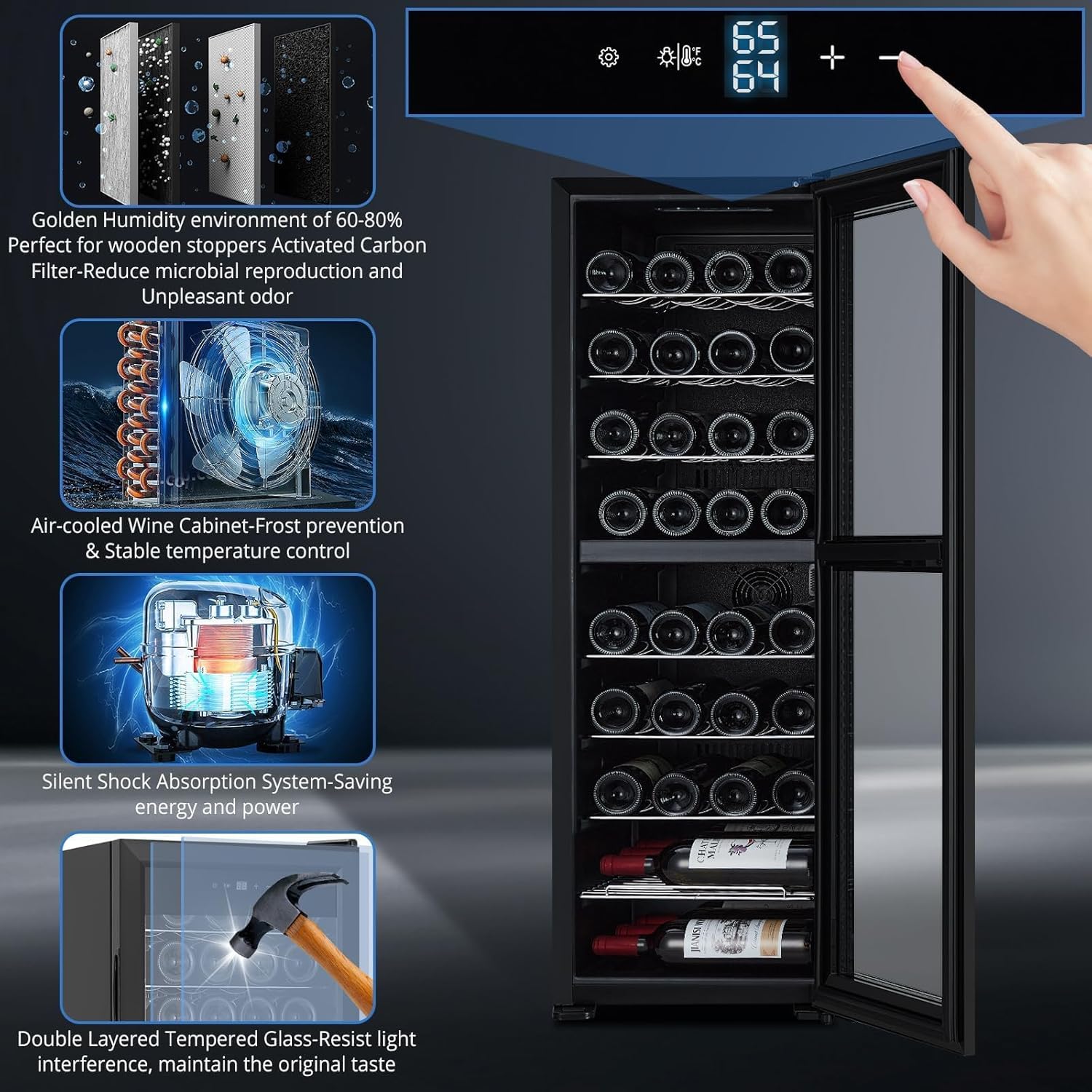 32 Bottle Wine Cooler Refrigerator, Freestanding Small Wine Fridge with Glass Door, Digital LED Temperature Control, Quiet Compressor Beverage Cooler, 41-64°F, for Red, White, Champagne