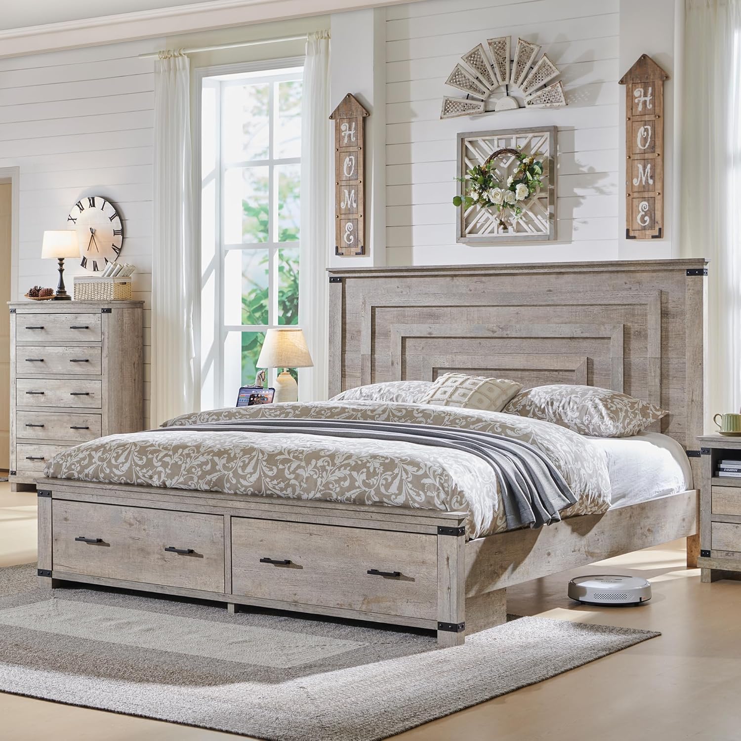 RedLemon Farmhouse Queen Size Bed Frame in Light Rustic Oak