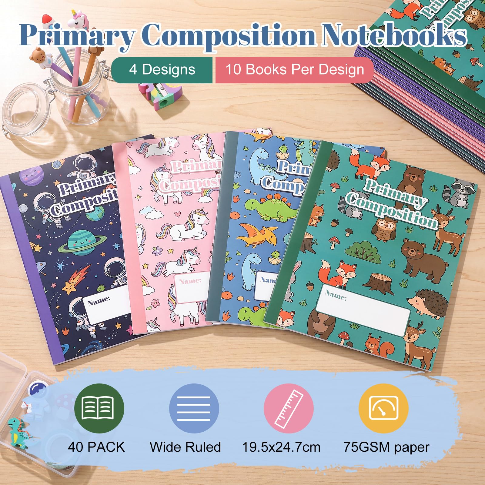 Resurhang 40 Pack Primary Composition Notebook K-2 Draw and Write Journal with Primary Ruled Lines 60 Pages 4 Style, Bulk School Supplies for Students, Teachers
