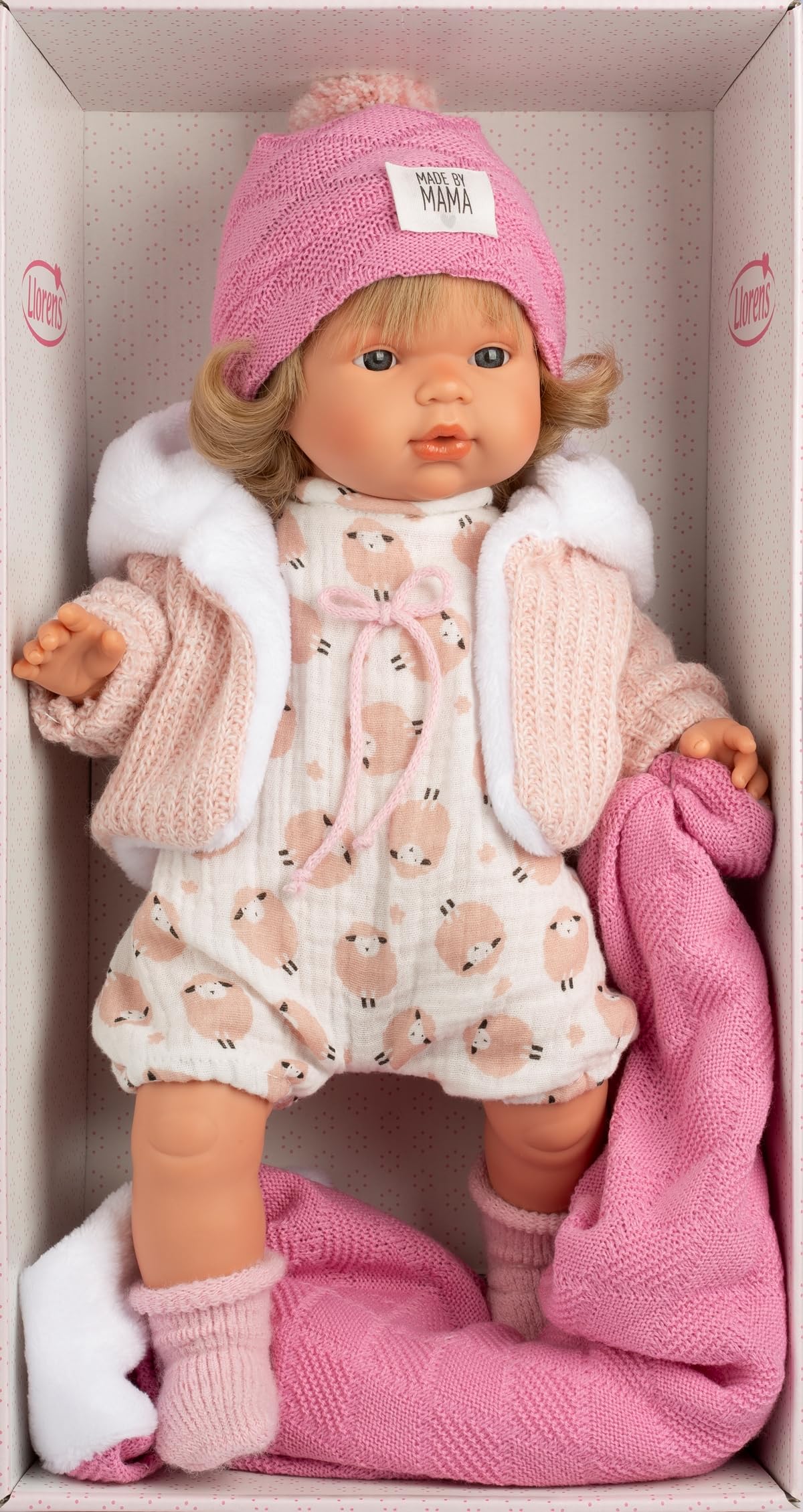 Llorens 1038572 Puppe Lola, mit grauen Augen und blonden Haaren, Babypuppe mit weichem Körper, inkl. Strickoutfit mit Mütze und rosa Kuscheldecke, 38 cm