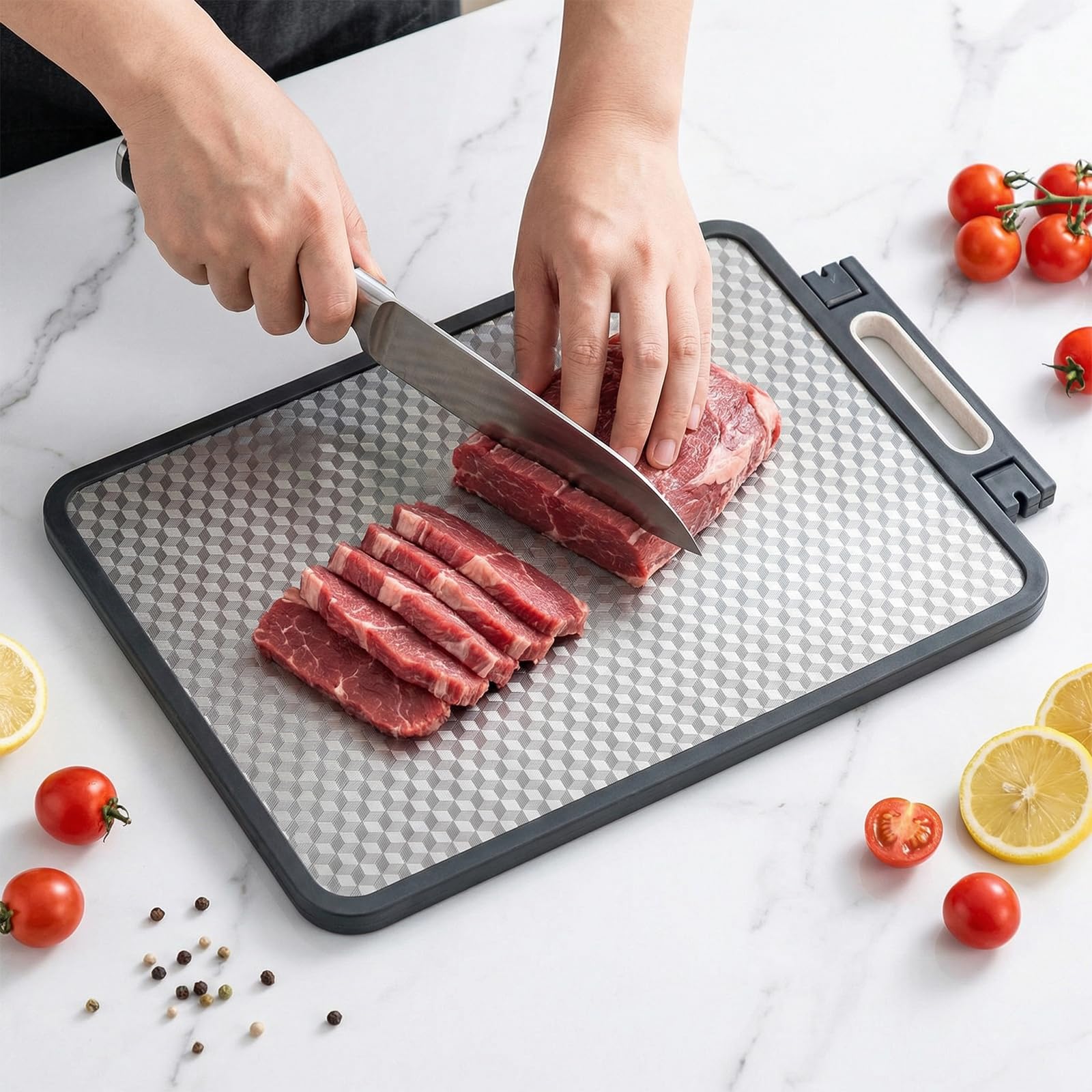 2 in 1 Tagliere Acciaio Inox Bifacciale, Tagliere da Cucina Professionale, Tagliere per la Cucina, Tagliere in Acciaio Inox Alimentare per Carne/Frutta/Verdura - 45 x 31 cm (B)