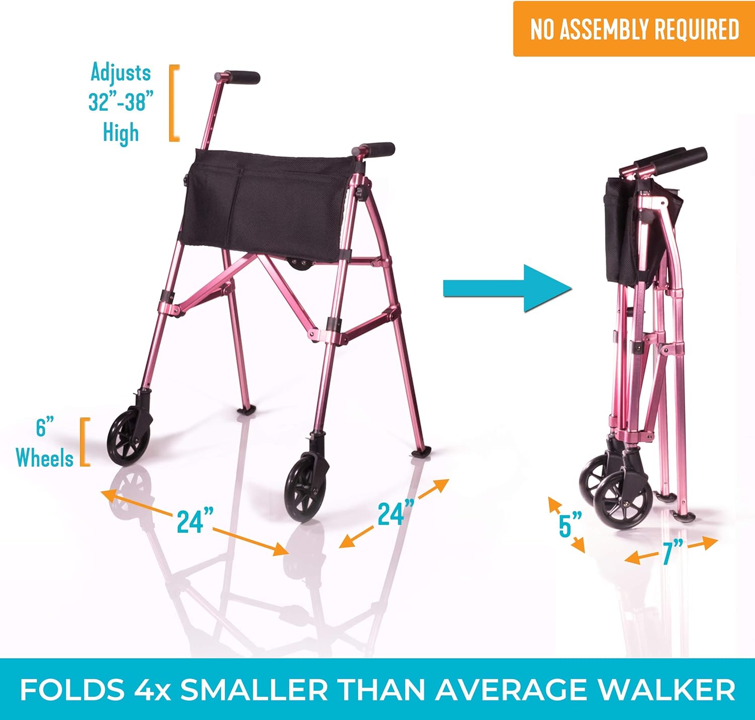 Stander EZ Fold-N-Go Walker, Lightweight Folding Mobility Rolling Walker for Seniors and Adults, 6-inch Wheels, Ski Glides, and Organizer Pouch, Regal Rose : Everything Else