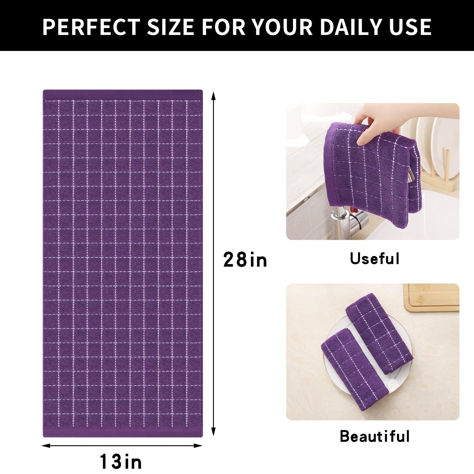 Homaxy Küchentücher aus 100 % Baumwoll-Frottee (Lila, 33 x 71,1 cm), kariertes Design, weiche und super saugfähige Geschirrtücher, 12 Stück | Ultra weiche und saugfähige Geschirrtücher für die Küche, geeignet zum Trocknen und Waschen von Geschirr