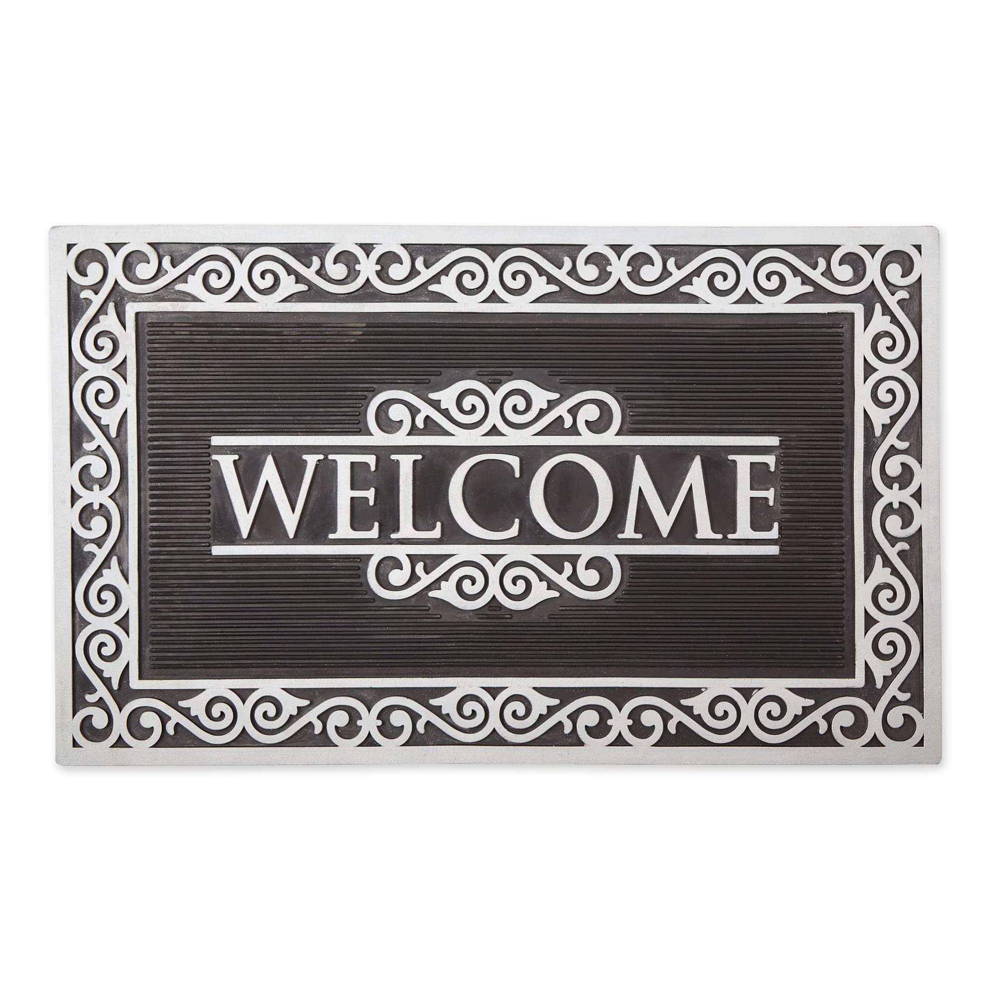 dii rubber doormats collection all weather, 18x30, silver welcome scroll
