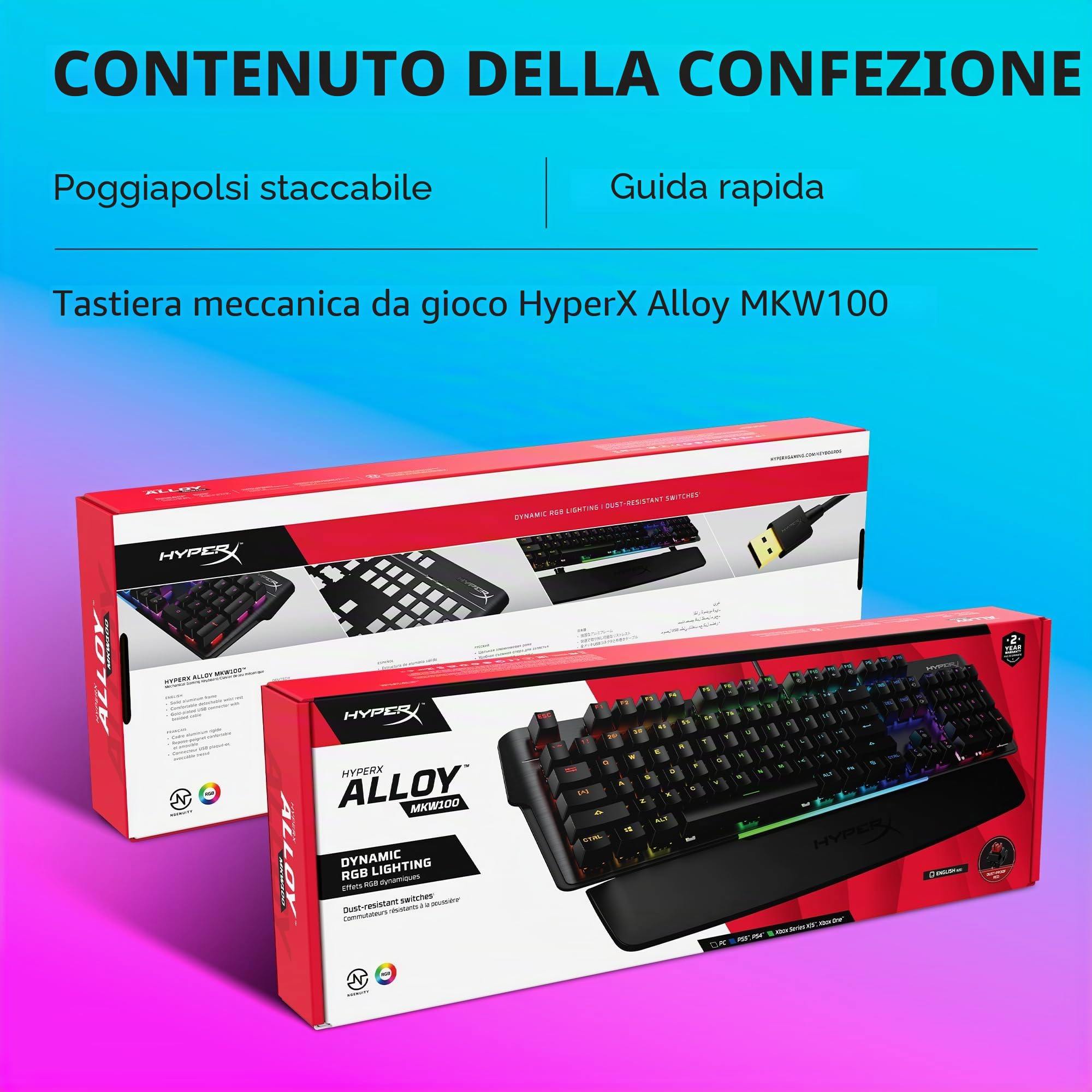 HyperX Alloy MKW100, Tastiera Meccanica da Gaming Cablata, Illuminazione RGB, 5 Livelli Luminosità, Telaio Alluminio, 50 Milioni di Pressioni Garantite, Poggiapolsi Scollegabile, Layout Inglese, Nera