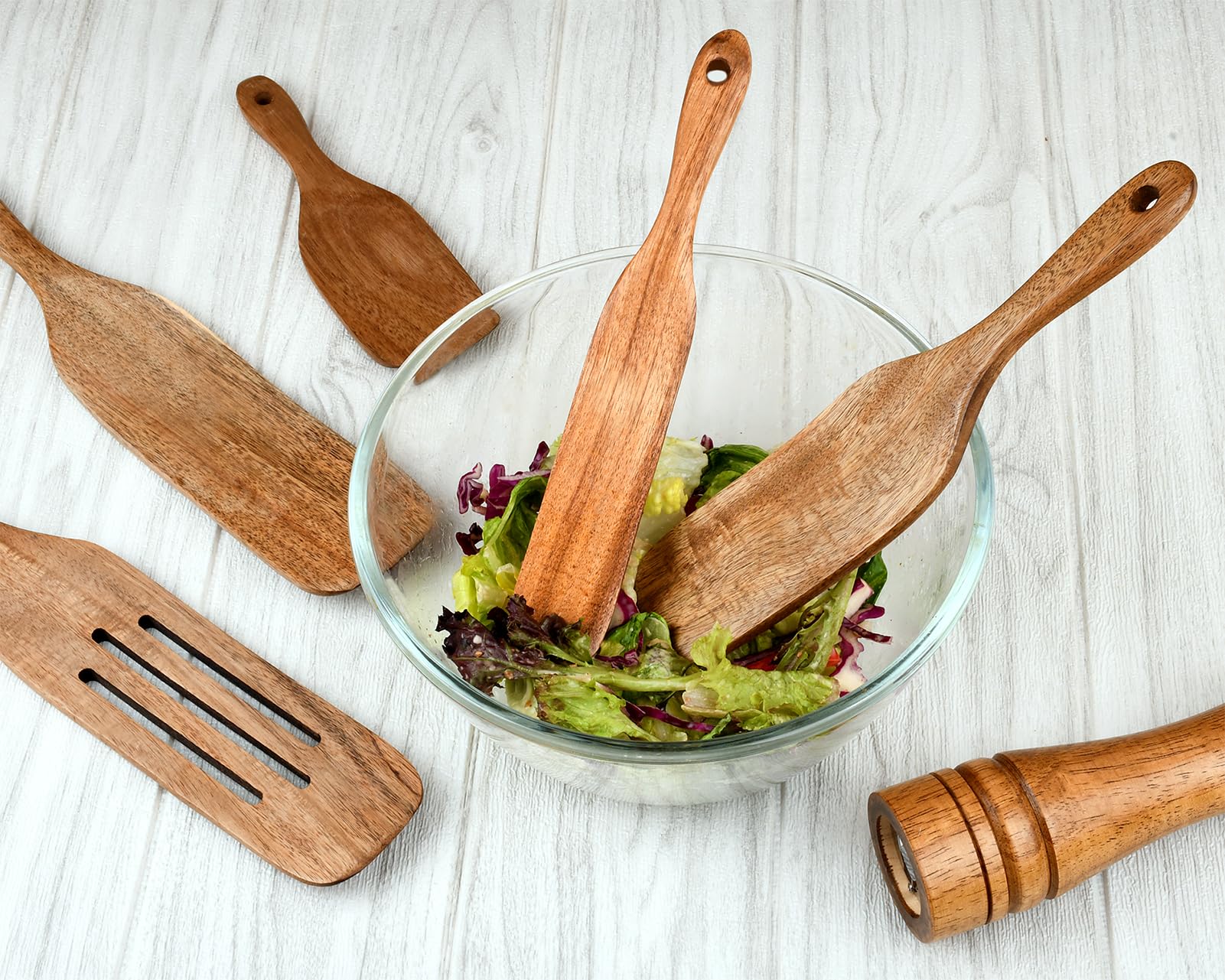 Juego de 5 cucharas de madera de teca, utensilios de cocina antiadherentes, colador de ensalada y hacer pasteles