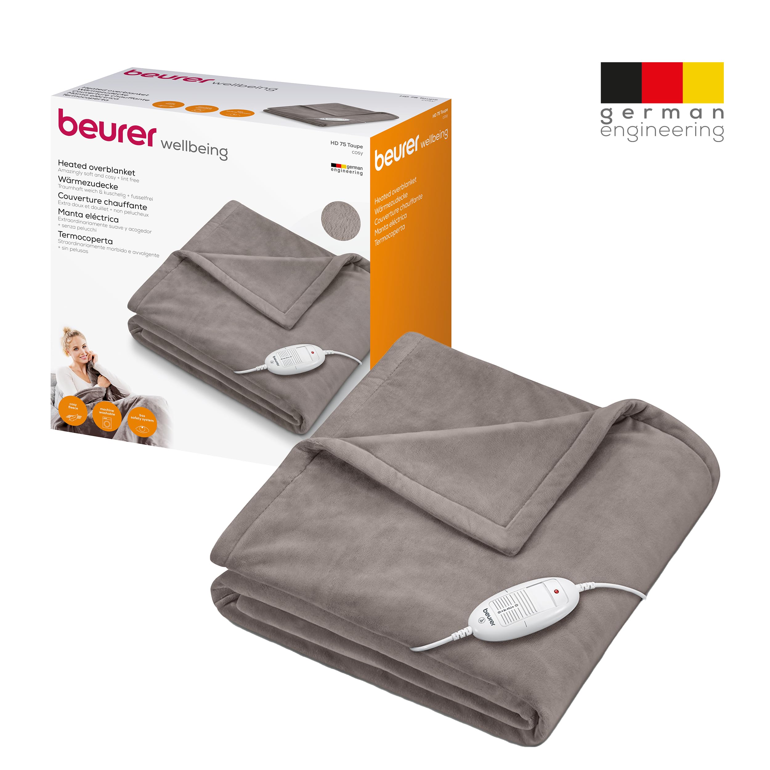 Beurer HD 75 Cosy Coperta Elettrica con Dispositivo di Termoregolazione Elettronico, 6 livelli di temperatura e spegnimento automatico dopo 3h, colore Taupe