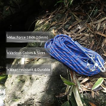 NewDoar 18KN Static Climbing Rope 10mm Accessory Cord Equipment 33FT(10M) 66FT(20M) 98FT(30M) 165FT(50M) Escape Rope with 2 Carabiners for Ice Climbing Fire Rescue Rope Safety Rope
