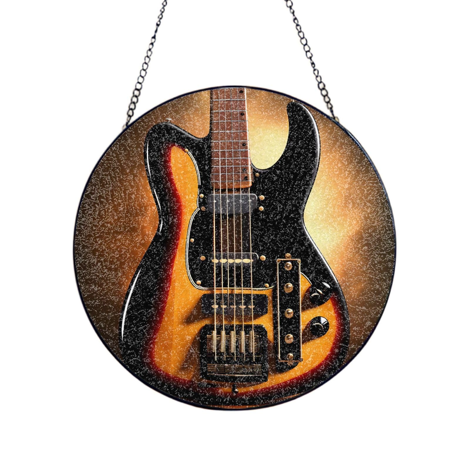 Phayah Instrumental Guitar Print Glass Window Hanging Round Suncatcher Glass Ornament Garden Wall Fence Decorations Indoor Outdoor 4in（10cm）
