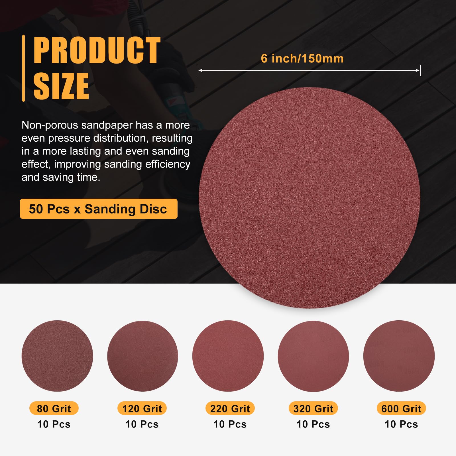 CoCud 50 Pcs 150mm 6 Inch Sanding Disc 80/120/220/320/600 Grit Round Hook and Loop Sandpaper for Random Orbital Sander Automotive Car - Image 2