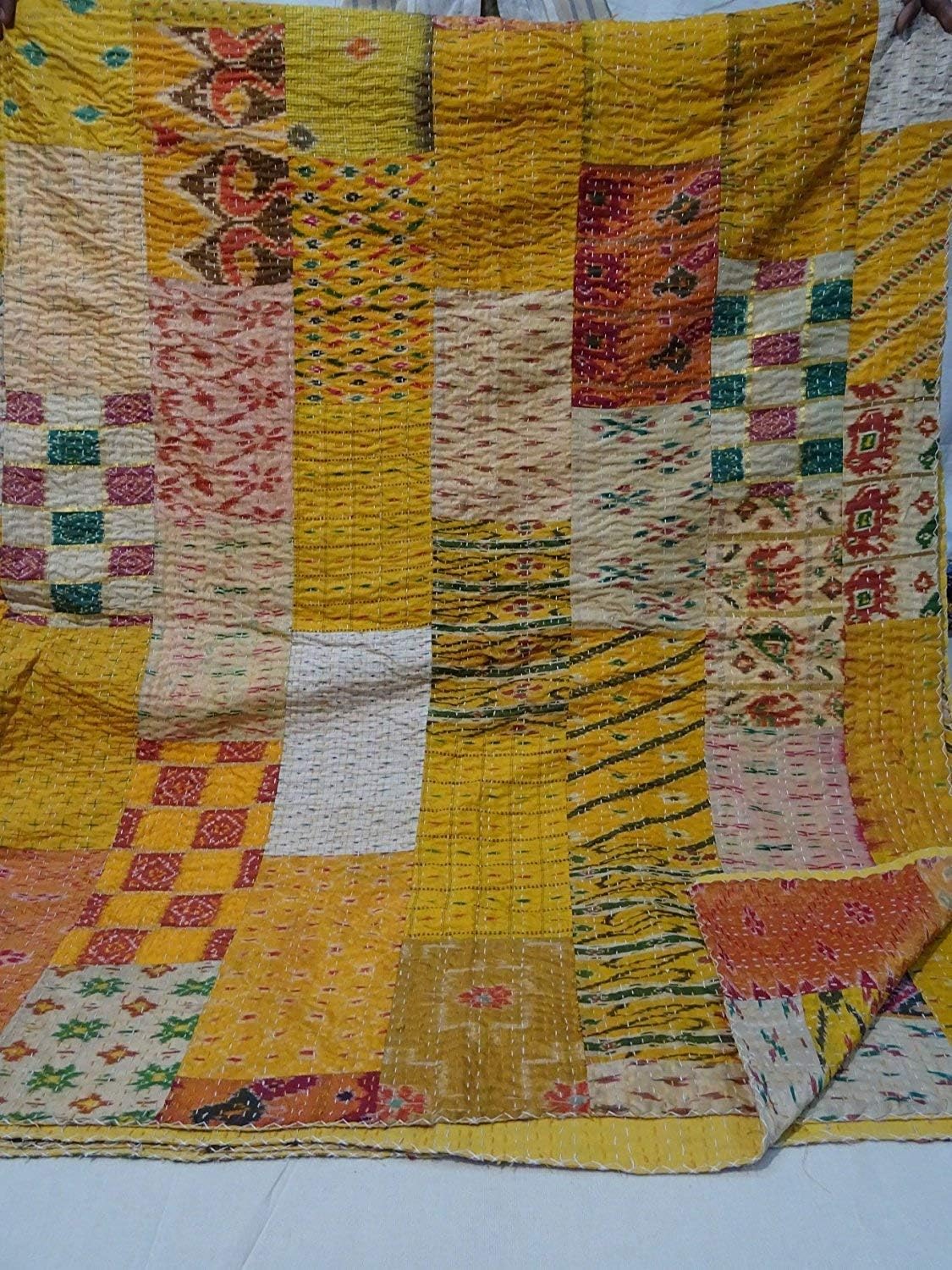 Blanket Bedding Bedspread Bed Kantha Vintage Handmade Silk Patchwork Indian Art Cover India Sari Bohemian Spreads Washed Patola Spread Quilt