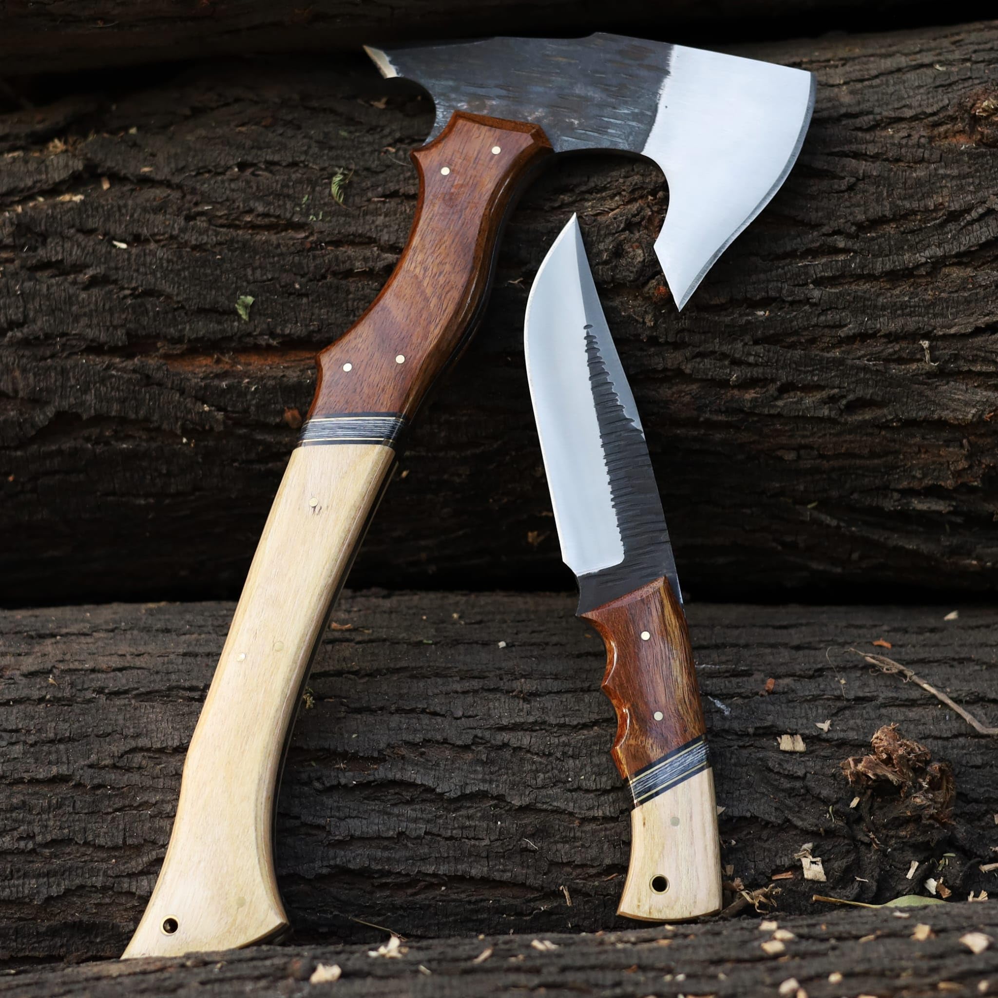 EdgeLandKnives® Hand Forged Tomahawk Throwing Axe and Bushcraft Knife Set, Heavy Duty D2 Steel Tomahawk Throwing Axe and Bushcraft Knife Set with Leather Sheath, Perfect Combo for Outdoorsmen (EL90)