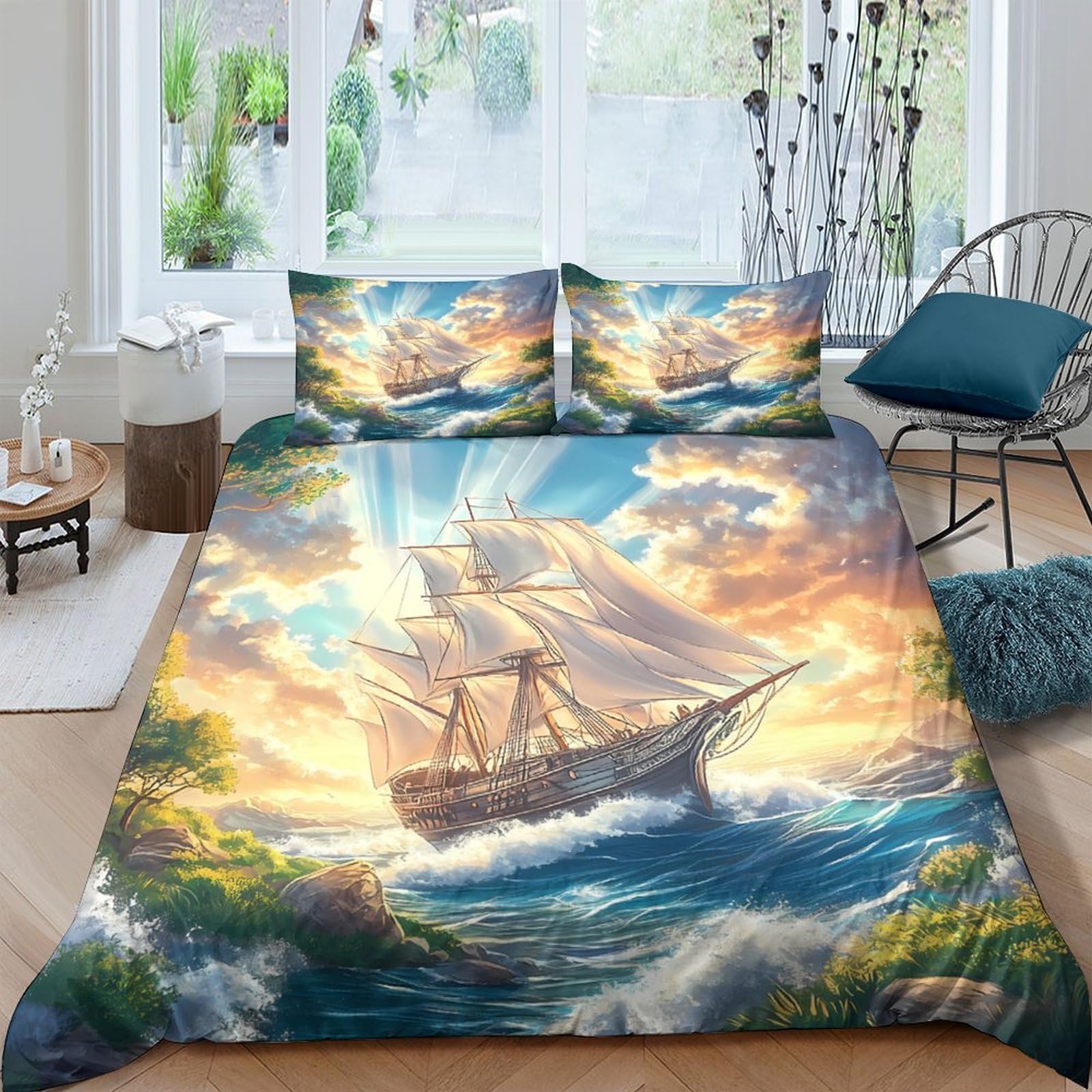 Ctjqhvkz Style-8 3D Printed Vintage Sailing Ship Fitted Sheet Microfiber Soft Breathable Ocean Sunrise Bed Cover For Bedroom Dorm Decor Single（135X200cm）