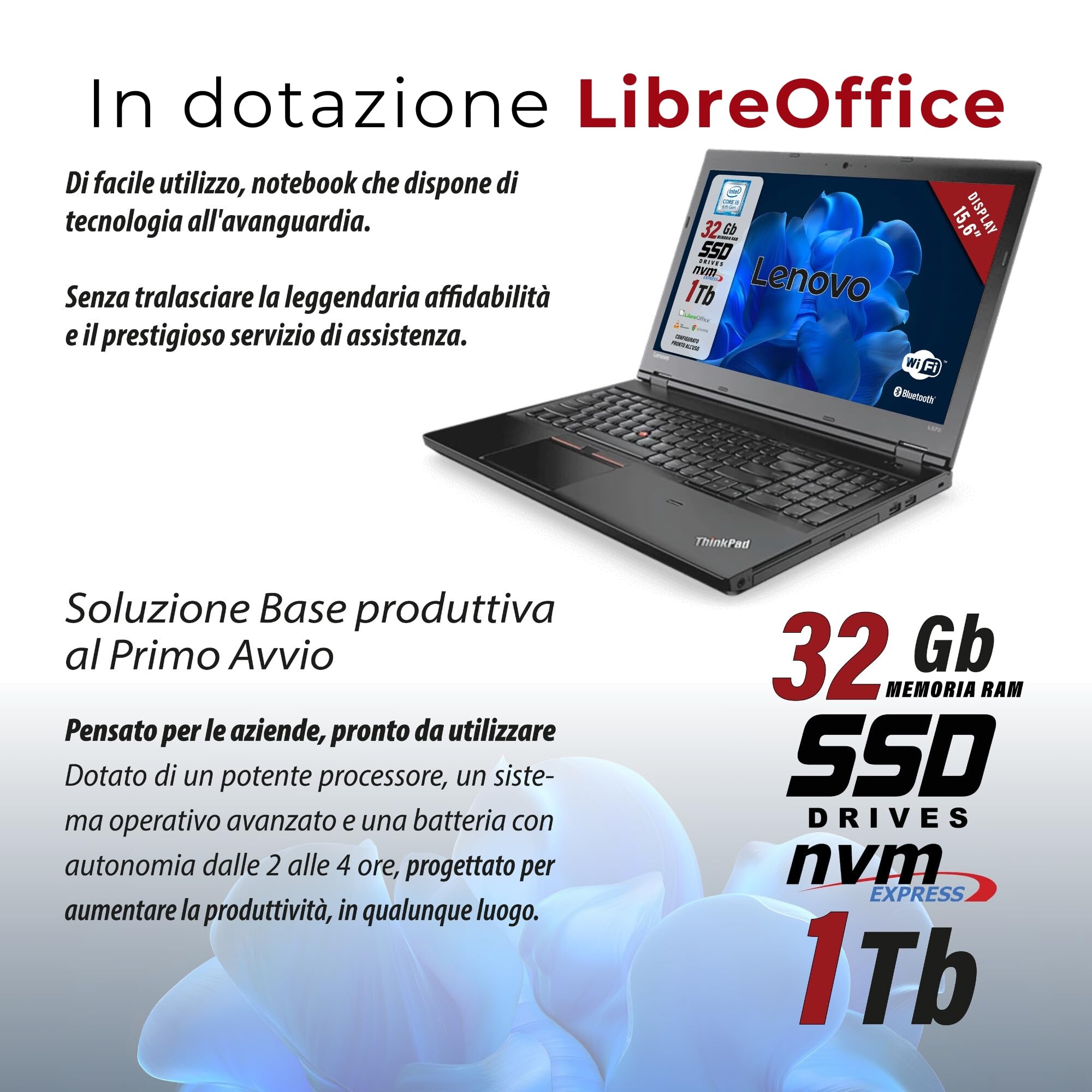 Lenovo ThinkPad, Pc portatile Intel Core i5-6th Pronto All'uso con Pacchetto Libre, Notebook Con Display HD da 15,6", Ram 32Gb, SSD 1Tb (Ricondizionato)