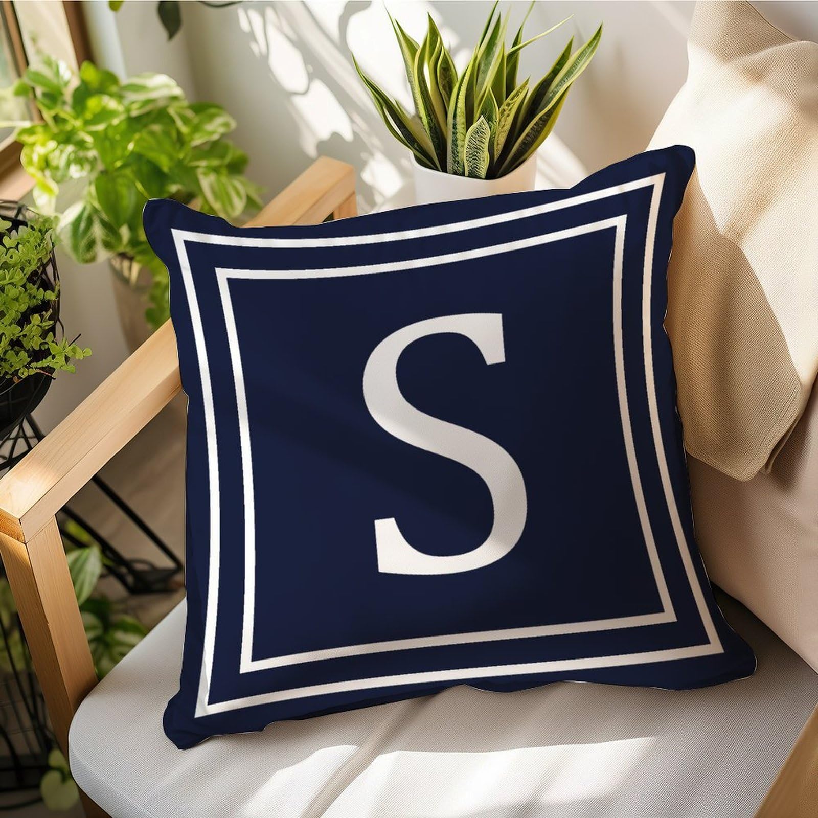 Madcolitote Initial Letter S Monogram Pillow Case 26 Letters Navy Blue Throw Pillow Cover Farmhouse Cushion Cover 16x16in Accent Pillowcase Decor Gifts for Family Friend Women Wedding