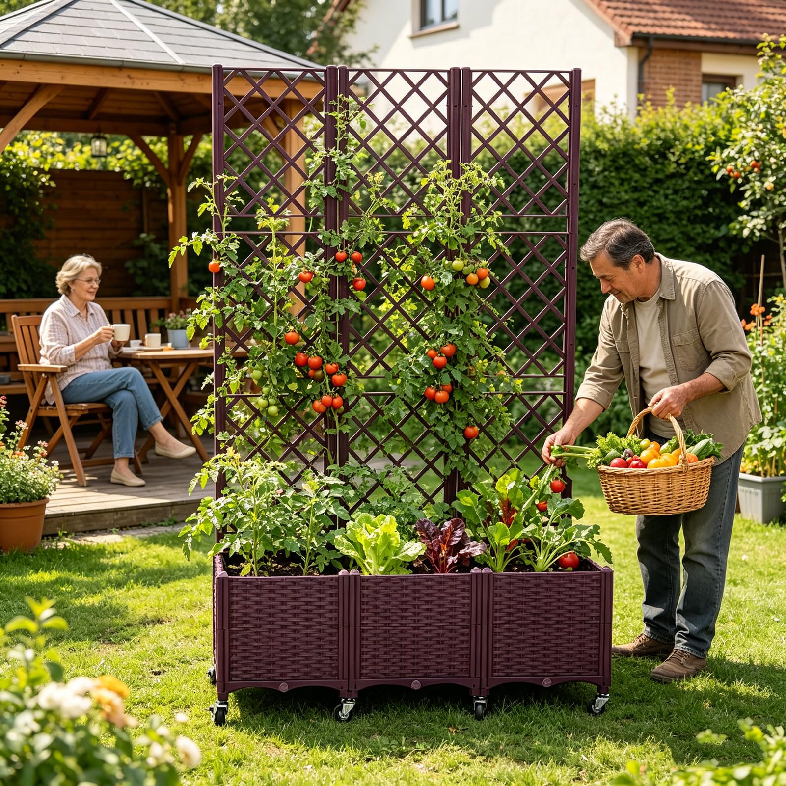 Fioriera 3 Pezzi con Traliccio, 120x40x193 cm, Vaso Fioriere alto in PP Resistente con Ruote Frenabili e fori Drenaggio, Fioriera da Balcone per Piante Rampicanti, Giardino Terrazza, Marrone
