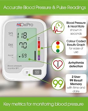 OxiPro BP1 Blood Pressure Monitors - Health & Pharma Recommended - BP Blood Pressure Machines for Home Use with Heart Rate Monitor & Large Cuff - Blood Pressure Monitors, White