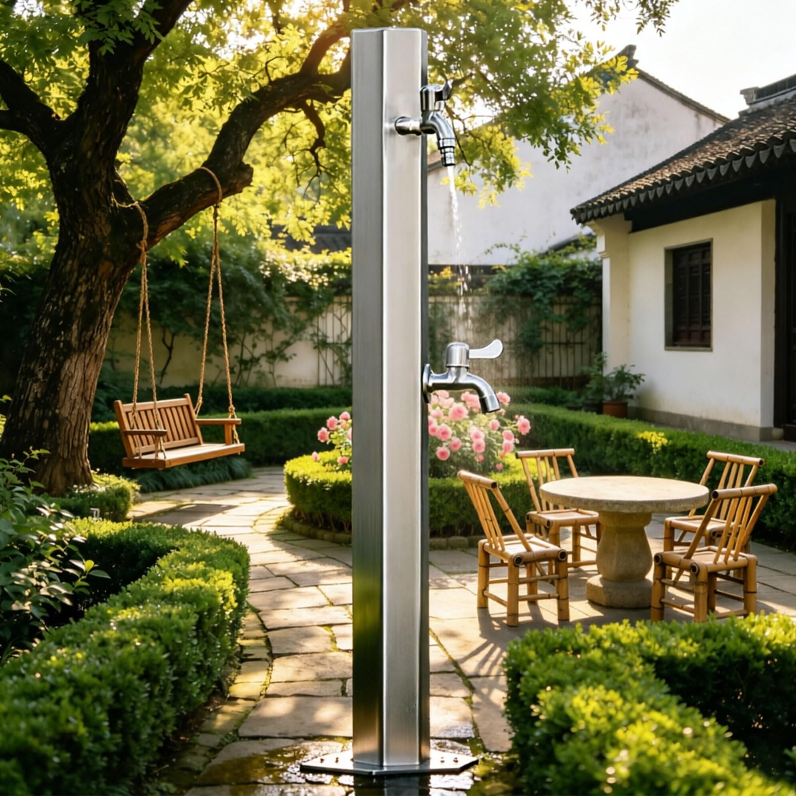 Sxbhdm One Color 304 Stainless Steel Vertical Cylindrical Water Column, Square Freestanding Hose Stand With Double Faucet, Outdoor Antifreeze Water Tap For Courtyard And Lawn