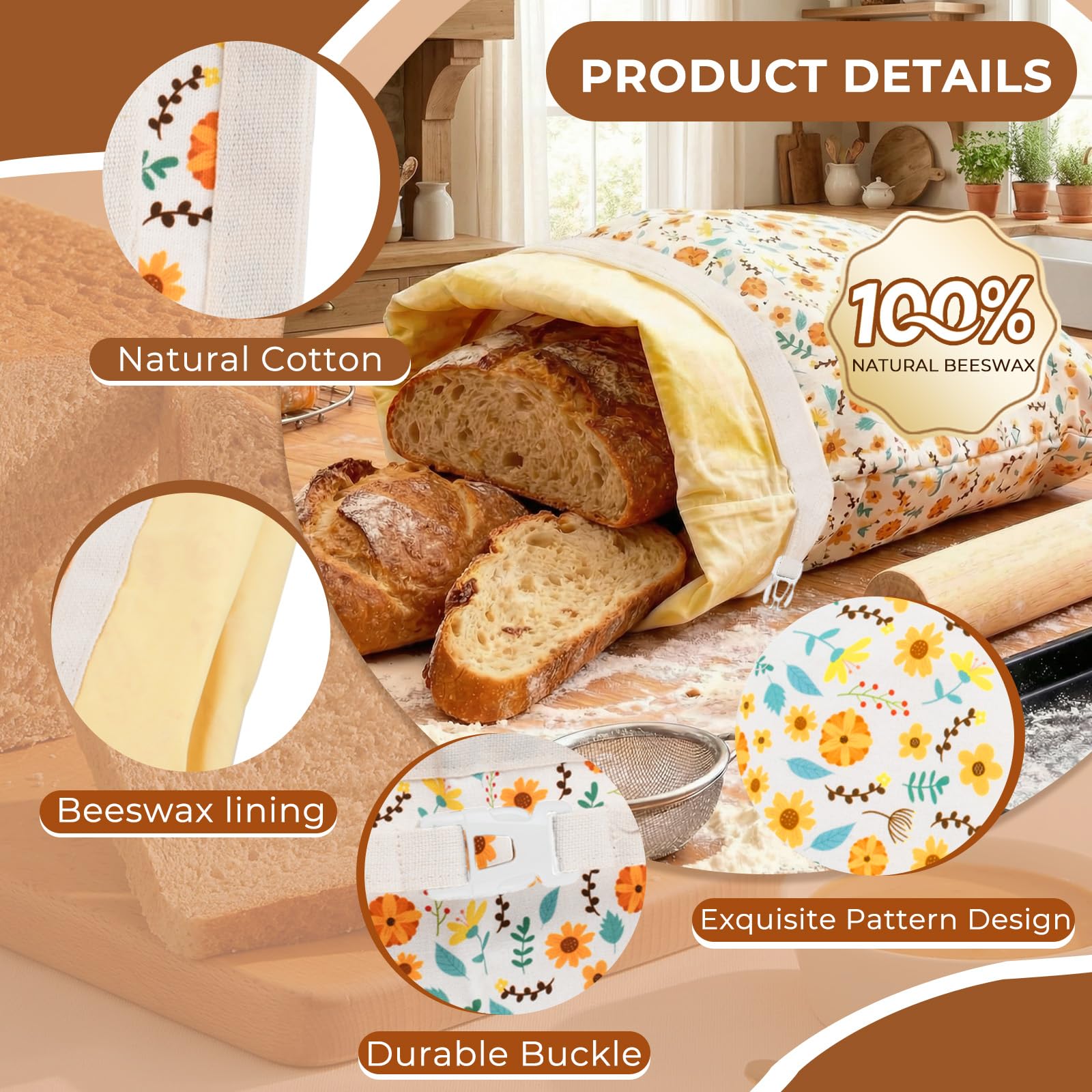 Sacchetti per il pane di cera d'api, 43×33 cm sacchetti di cotone rivestiti in cera d'api naturale, Borsa in cotone per conservare pane fatto in casa e prodotti da forno (confezione da 2)